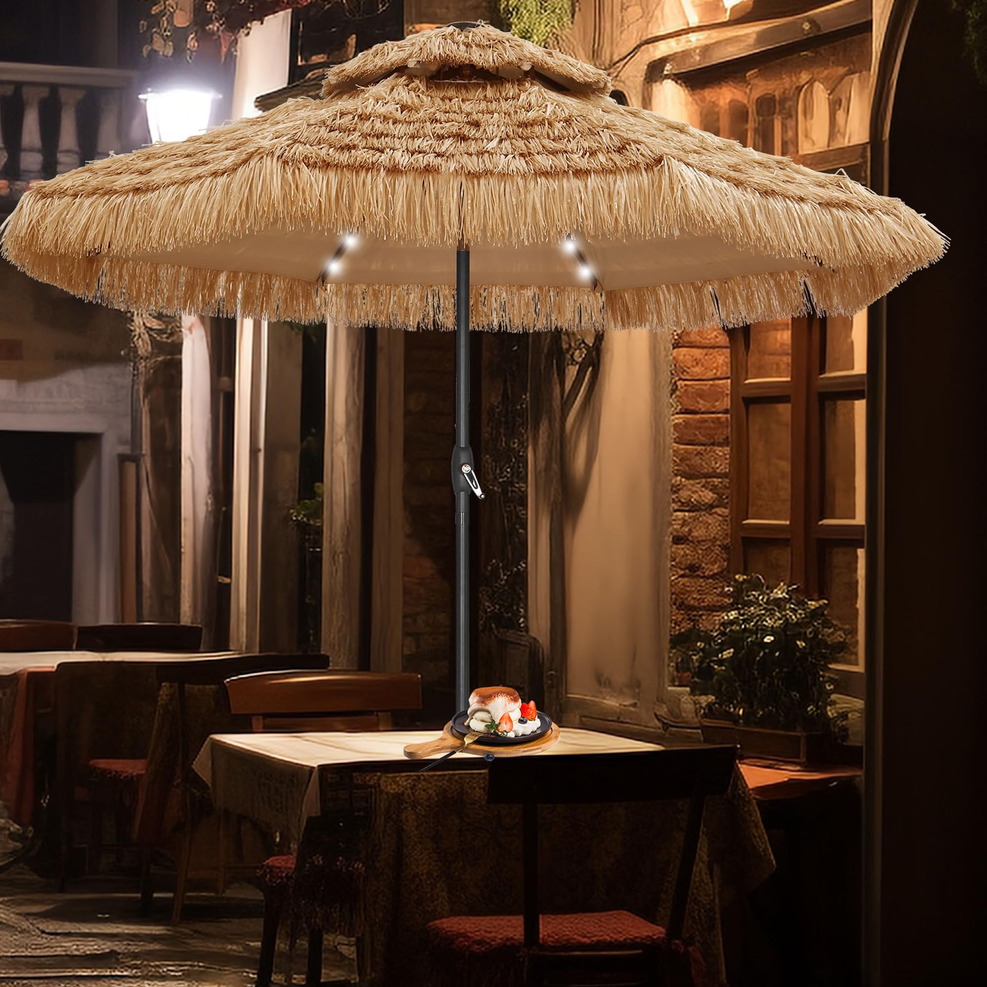 GDY 9 ft 2-Tier Solar Tiki Umbrella with 32 LED Lights - Hula Thatched Straw Umbrella for Pool, Patio, Beach & Outdoor Decor | Perfect for Tropical Parties, Backyard Lounging & Summer Gatherings