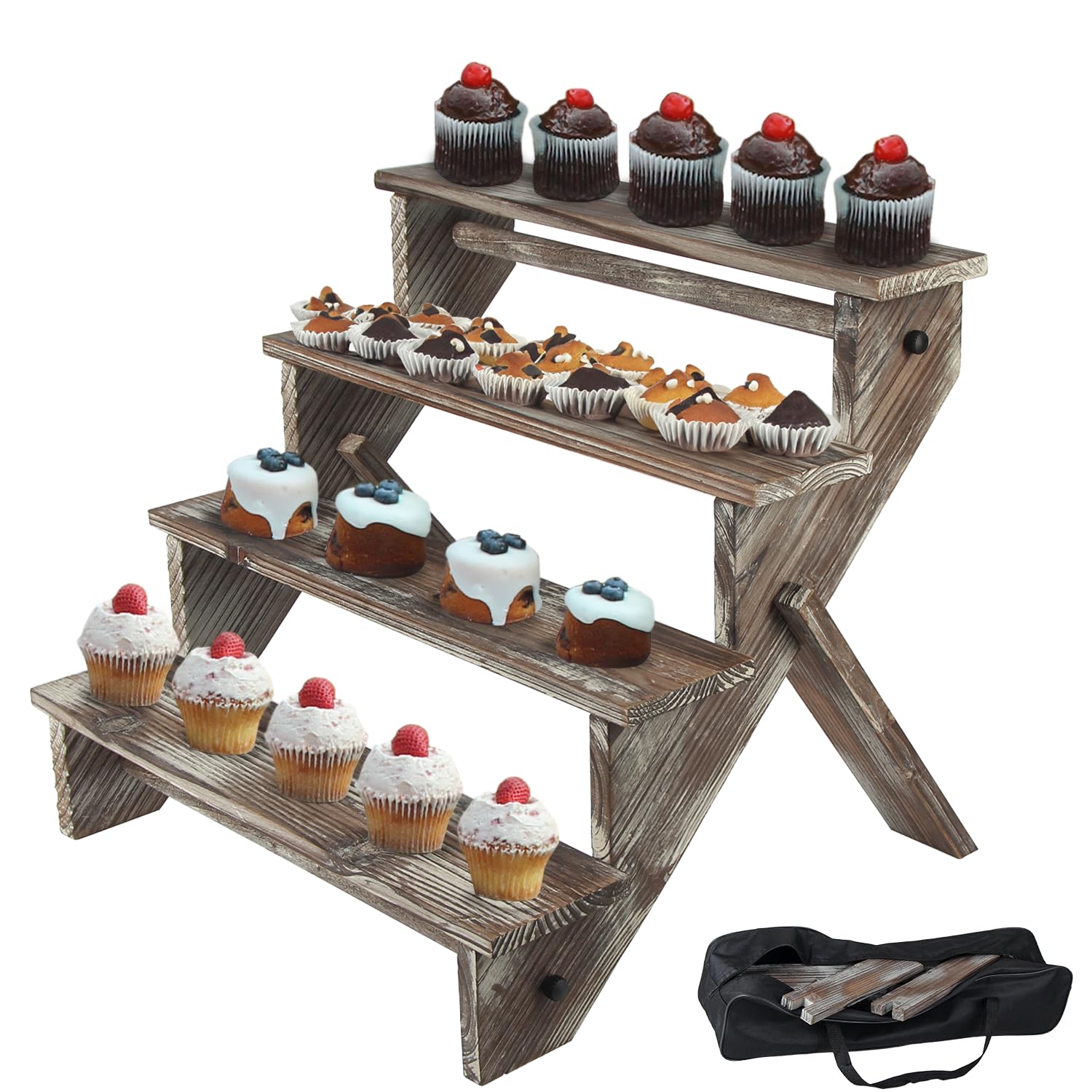 Rustic Wood 4-Tier Cupcake Stand Stair Shelf - Portable Display Riser with Storage Bag - Decorative Dessert Stand for Parties, Weddings & Home Decor - MK578A by J JACKCUBE DESIGN