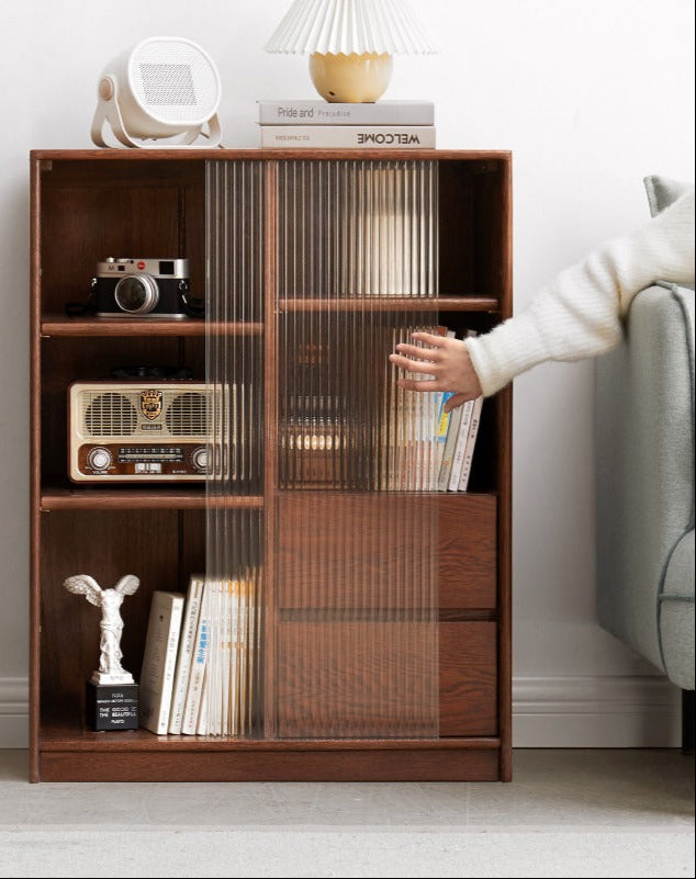 Solid Oak Wood Side Cabinet with Glass Door - Small Bookcase for Living Room, Bedroom & Office Storage