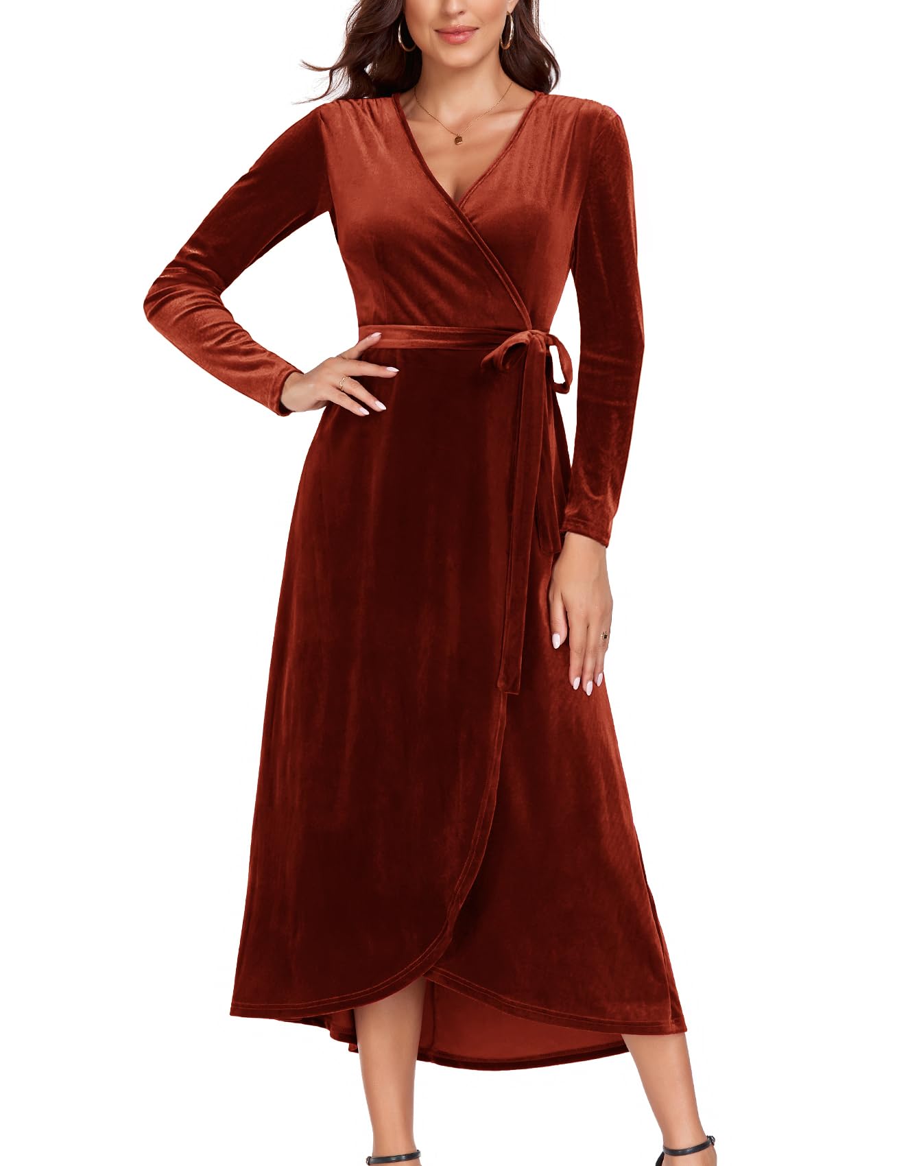 CYCLAMEN 2023 Velvet Wrap Dress - V Neck Ruffle Sleeves Long Maxi Dress for Women | Elegant Party, Wedding Guest & Cocktail Dress | Perfect for Evening Gala, Holiday Party & Special Occasions