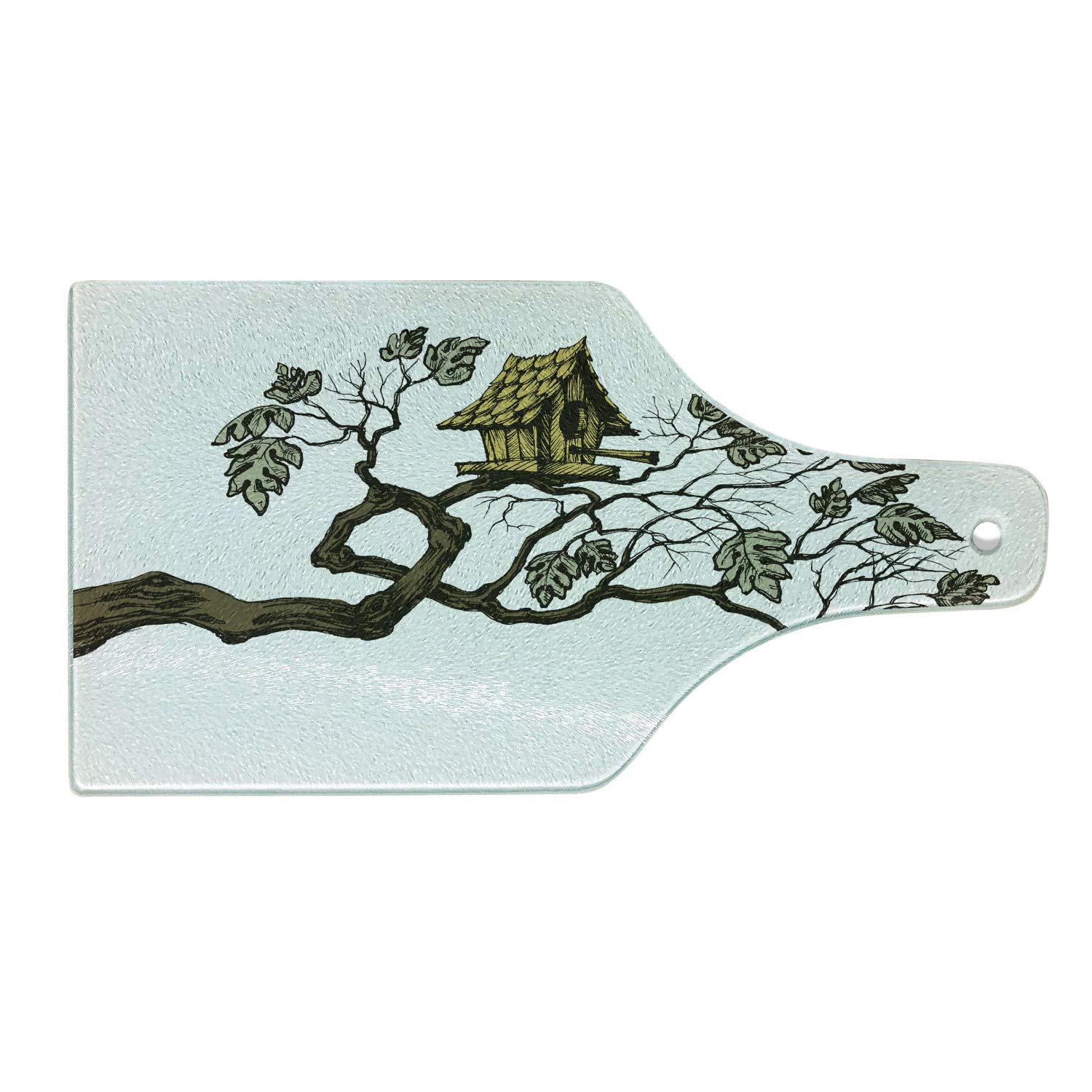 Ambesonne Tree House Themed Tempered Glass Cutting Board - Leafy Tree Branch & Bird Home Design, Wine Bottle Shape in White Fawn Pale Khaki - Perfect for Serving Charcuterie, Cheese & Wine Pairings, Kitchen Decor & Housewarming Gifts