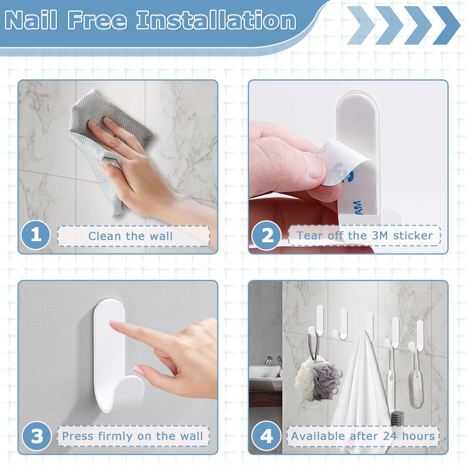 QMAHA Stainless Steel Adhesive Hooks - 12 Pack Self-Adhesive Wall Hooks for Bathroom, Kitchen, Towel Hanging, Strong Hold, White | Perfect for Organizing Home, Office & Dorm Rooms