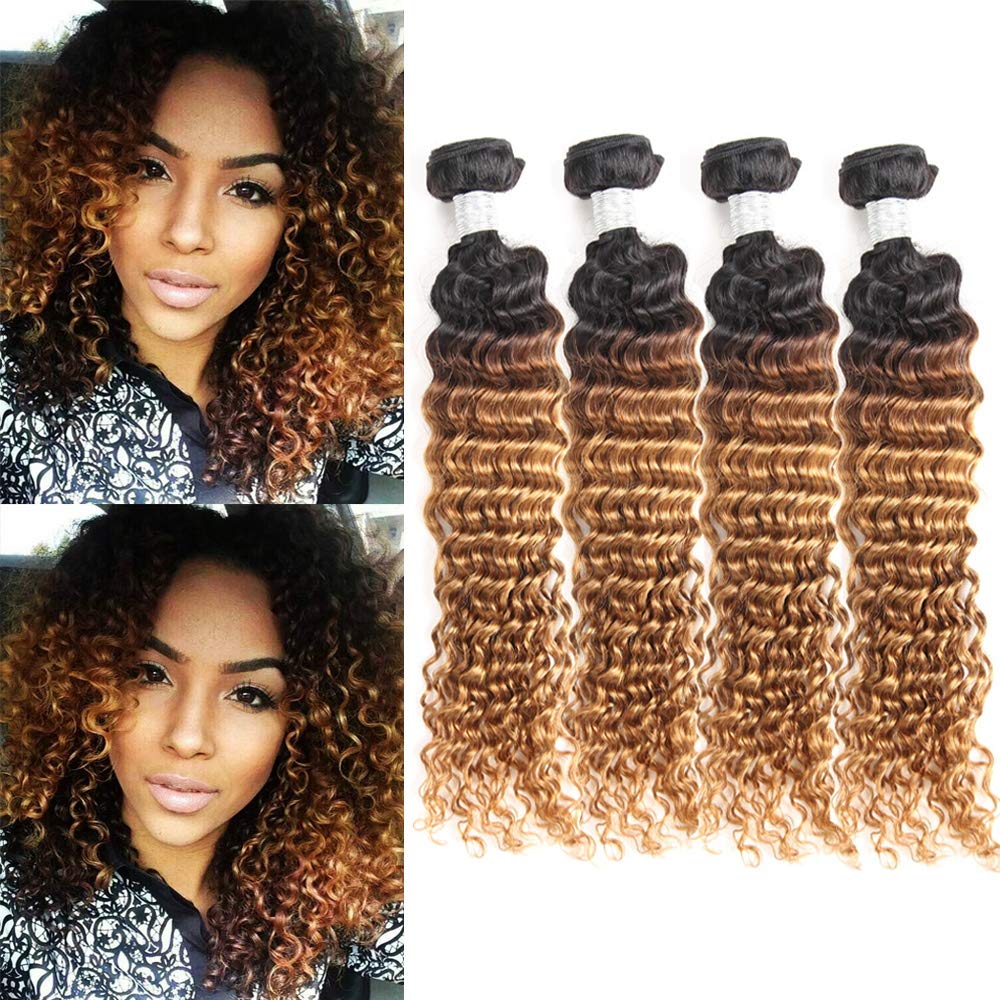 Ombre Deep Wave 4 Bundles Human Hair Extensions - 100% Real Human Hair Curly Bundles (18/18/18/18 Inch, 1B/30 Deep) - Perfect for Wet & Wavy Hairstyles, Daily Wear & Special Occasions