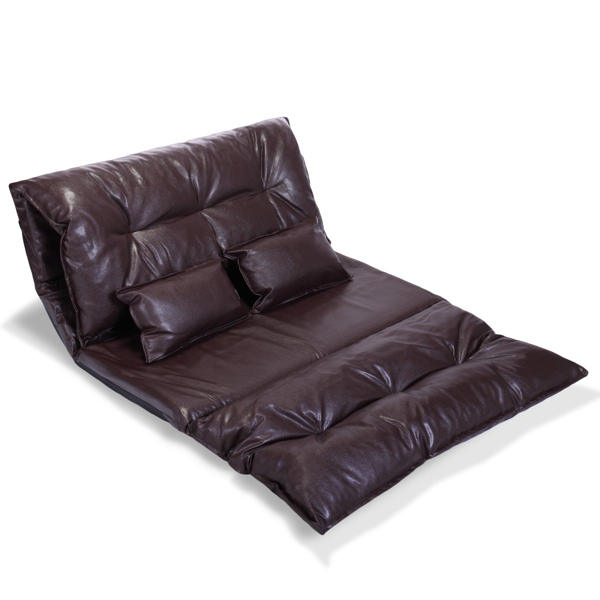 Adjustable PU Leather Floor Sofa Bed - 5-Position Folding Lounge Couch with 2 Pillows for Living Room, Bedroom & Gaming - Brown (Perfect for Relaxing, Napping & Video Gaming)