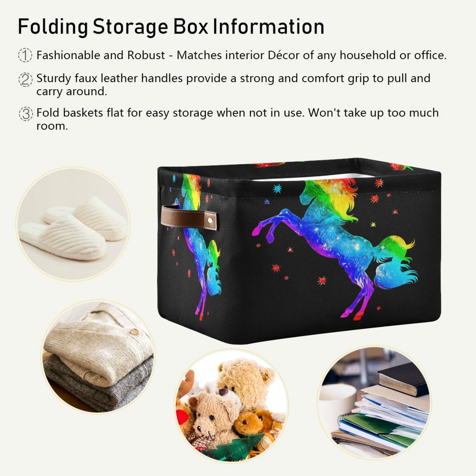 AUUXVA Rainbow Magic Unicorn Storage Cube Box - Durable Canvas Collapsible Toy Organizer Bin with Handles for Kids' Room, Closet, Nursery & Playroom | Perfect for Toys, Books & Home Organization