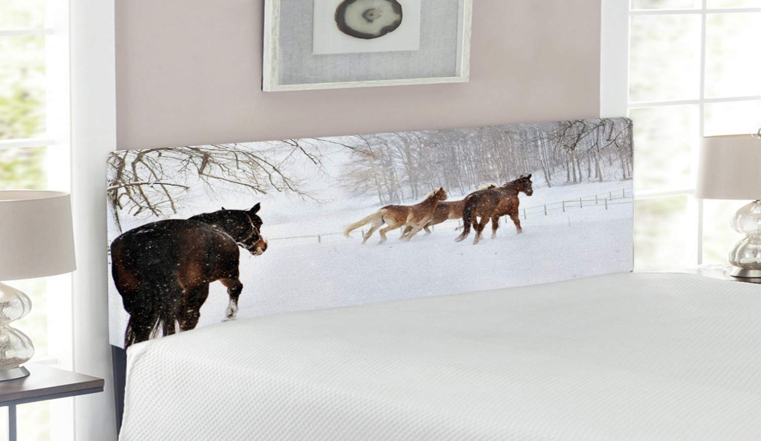 Ambesonne Winter Headboard with Horses in Snow - Seasonal Animal Photography Upholstered Metal Bed Frame with Memory Foam - Queen Size Brown & White - Perfect for Cozy Bedroom Winter Decor
