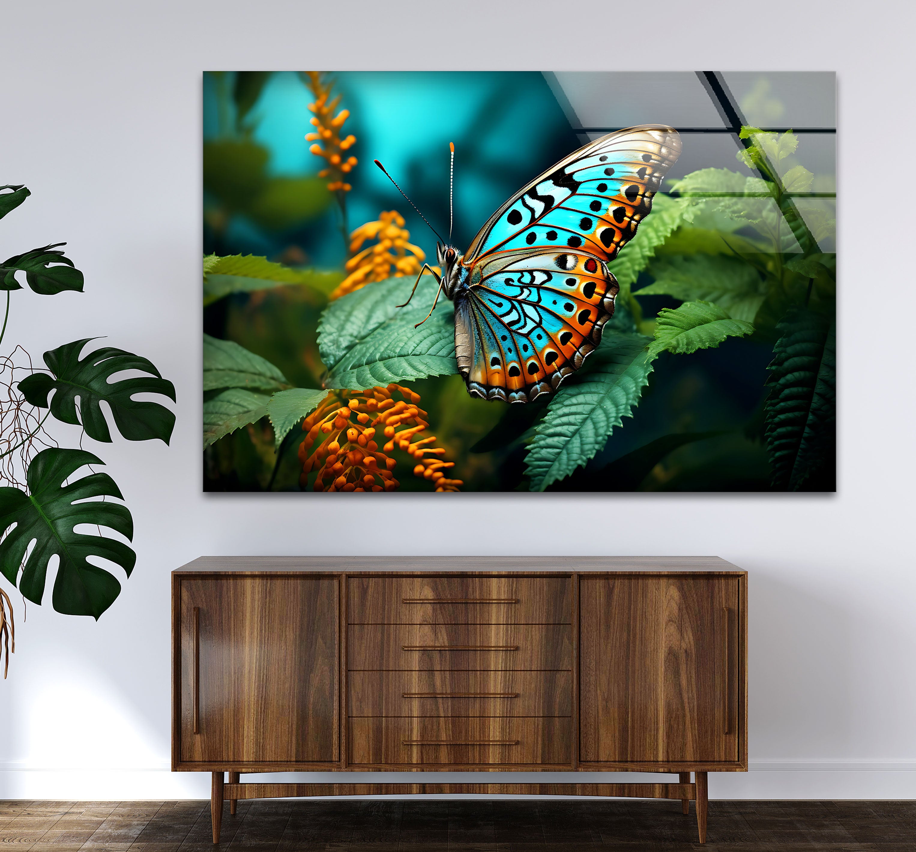 Blue Monarch Glass Wall Art - Vibrant Butterfly on Leaf Print | Elegant Home Decor for Living Room, Bedroom & Office | Perfect Gift for Nature Lovers