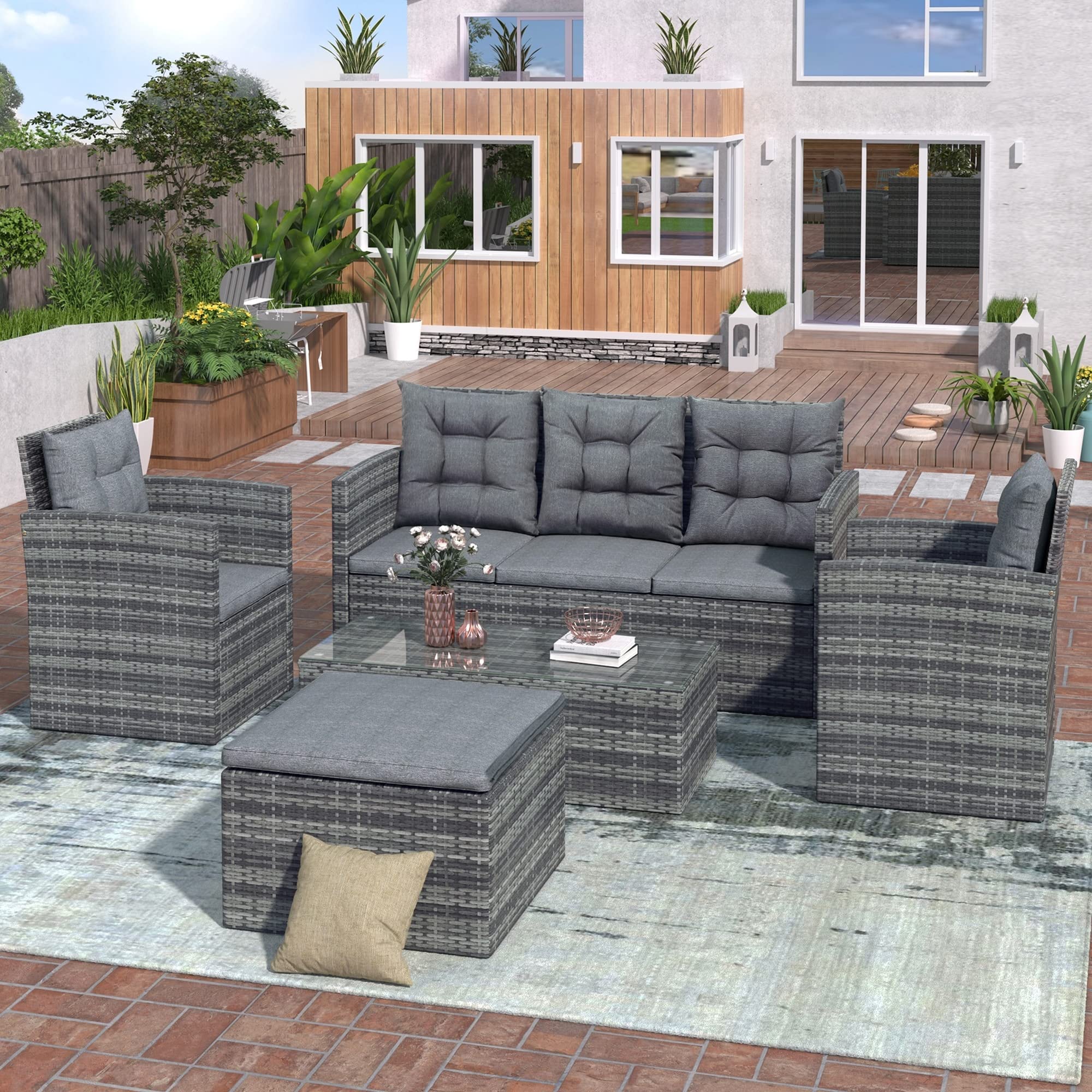 5-Piece All-Weather Outdoor Patio Furniture Set with UV-Proof PE Wicker, Storage Bench & Glass Coffee Table - Modern Grey Rattan Sofa Set for Garden, Poolside & Backyard Relaxation