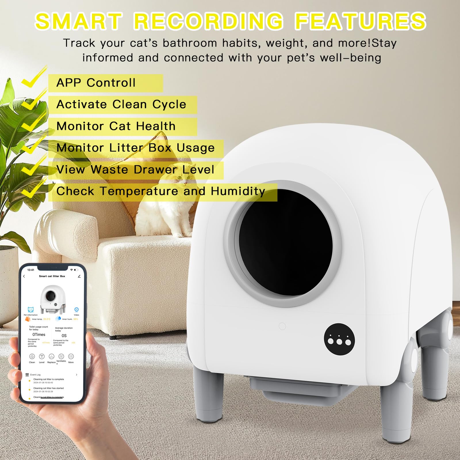 XXL Automatic Self-Cleaning Cat Litter Box with Video Monitoring, Odor Control & Weight Tracking - Ultra Quiet Operation with Included Litter Mat & Liners - Perfect for Multi-Cat Homes & Busy Pet Owners