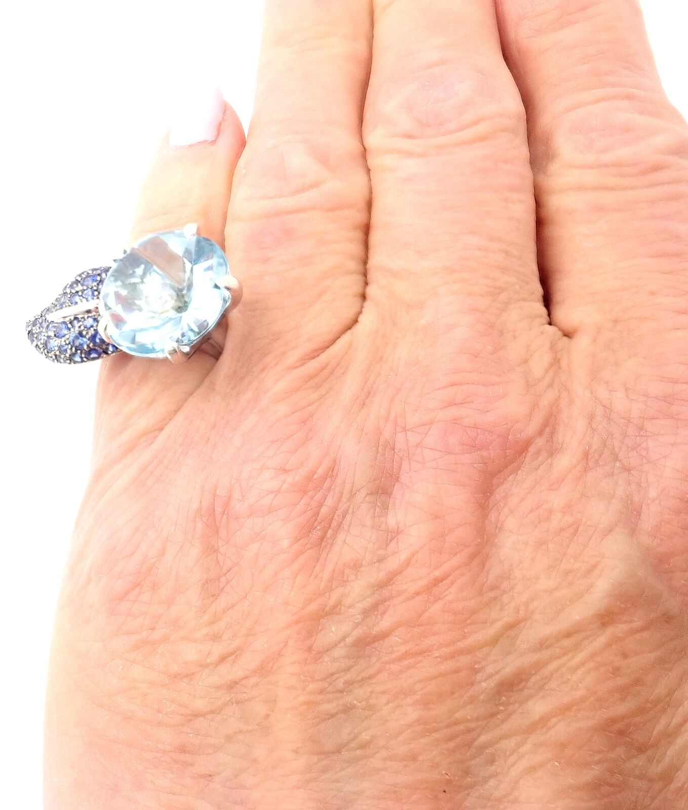 Authentic Chanel Camellia Flower 18k White Gold Ring with Aquamarine & Sapphire Gemstones - Luxury Jewelry for Women, Perfect for Weddings, Anniversaries & Special Occasions
