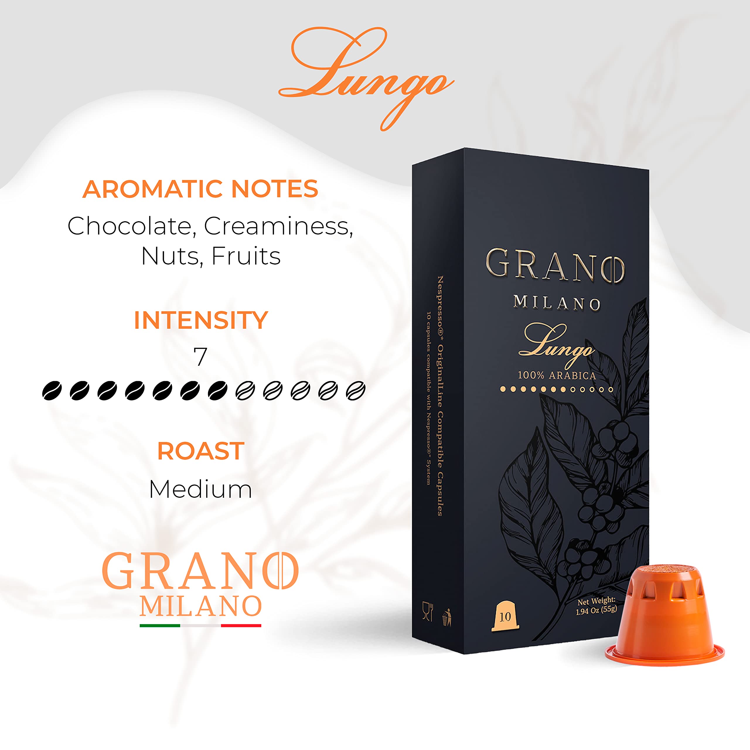 Premium Italian Arabica Coffee Pods for Nespresso - Medium Roast, Intensity 7/12 - Perfect for Home & Office Espresso