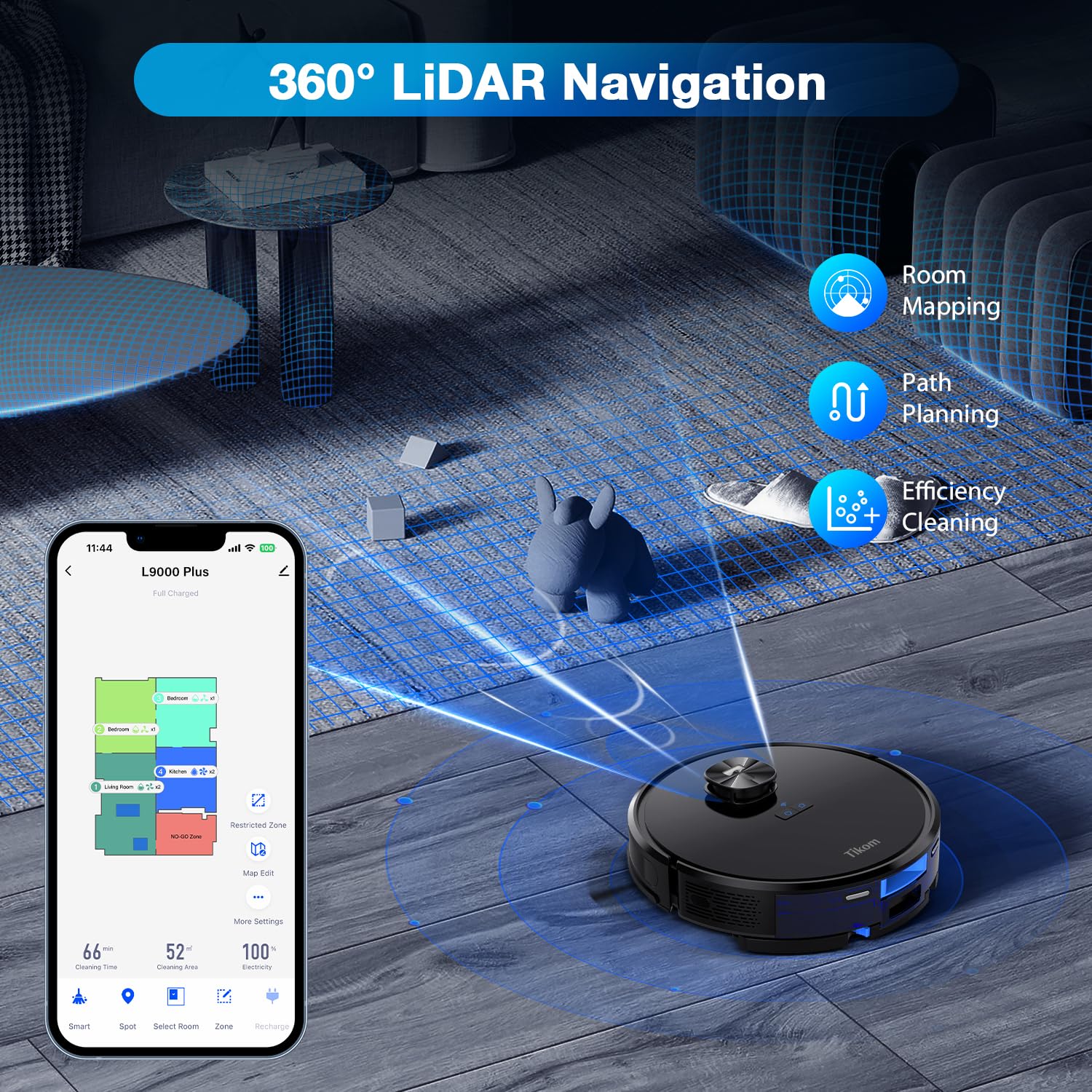 Tikom L9000 Plus Robot Vacuum and Mop Combo with Self-Emptying Base, 60-Day Dustbin Capacity, LiDAR Navigation & Smart Mapping, 4000Pa Strong Suction, 150 Mins Runtime, WiFi/App Control - Ideal for Pet Hair, Hardwood Floors & Carpets in Large Homes