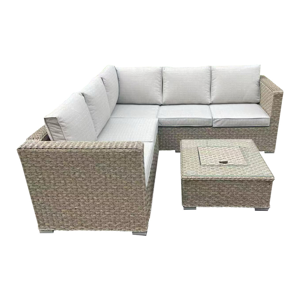 L-Shaped Brown Rattan Garden Sofa Set with Ice Bucket Table - Outdoor Patio Furniture for Backyard, Poolside & Garden Relaxation
