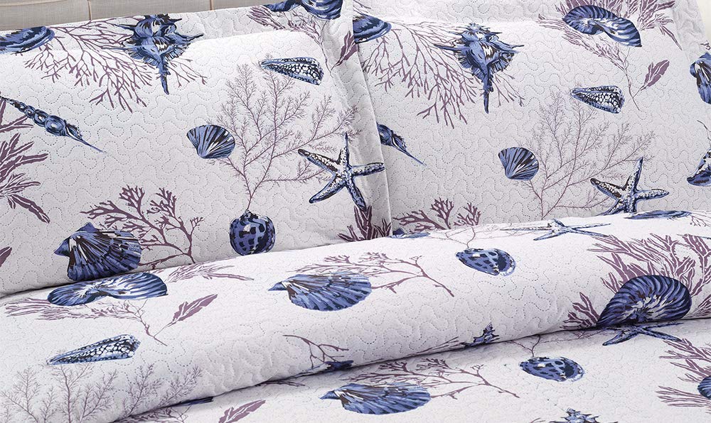 **Twin Size Reversible Beach Quilt Set - Coastal Ocean Theme with Starfish & Conch Shell Design - Lightweight Summer Bedspread Coverlet - Blue Home Decor for Bedroom, Guest Room & Vacation Homes**    *(Perfect for beach houses, coastal-themed bedrooms, or adding a breezy summer vibe to any space!)*