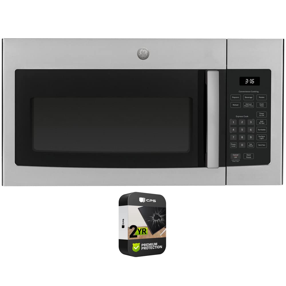 GE JVM3160RFSS 1.6 Cu. Ft. Stainless Steel Over-the-Range Microwave Oven with 2-Year CPS Protection Pack - Perfect for Kitchen Remodeling & Small Space Cooking