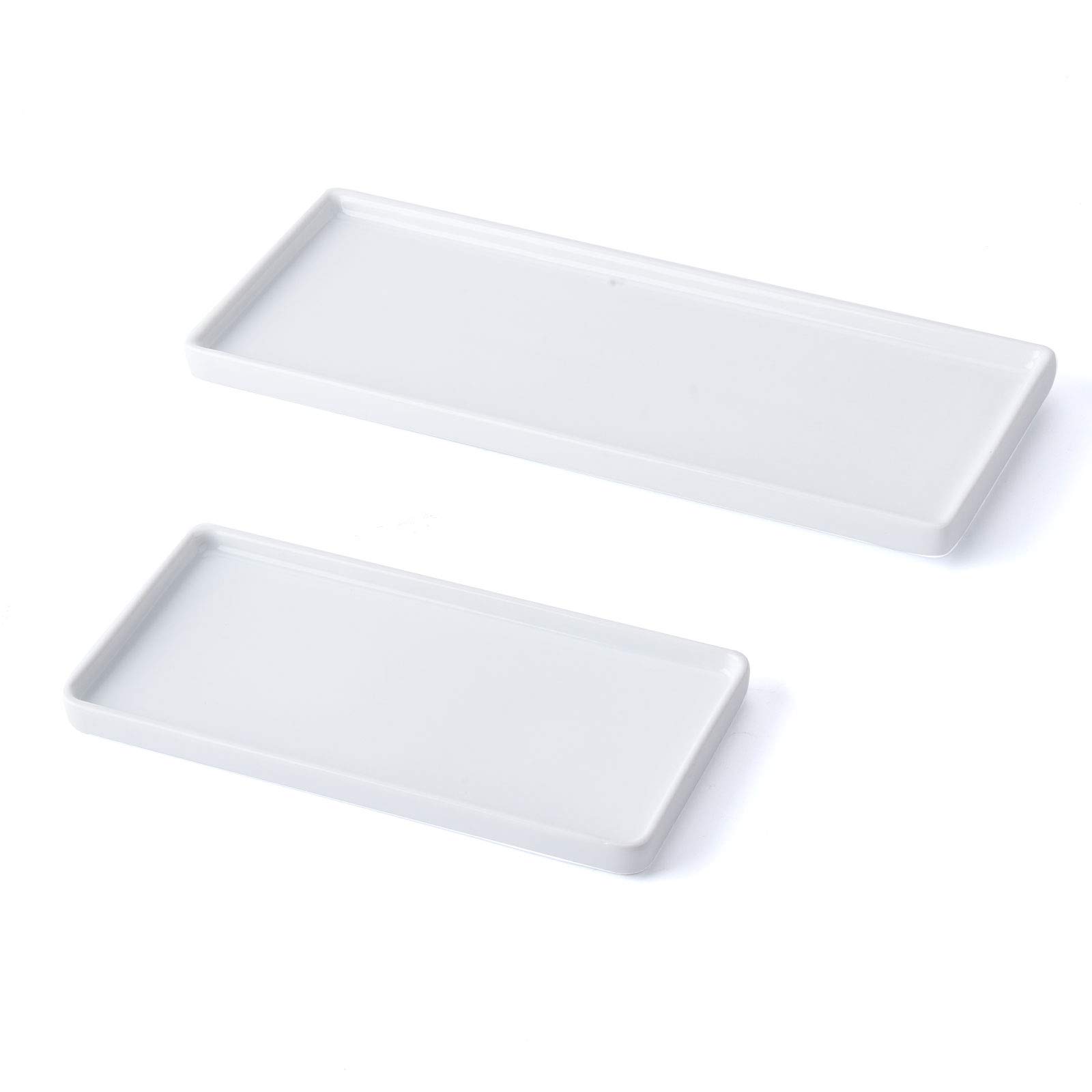 AUXSOUL 2-Pack White Ceramic Bathroom Vanity Tray Set - Rectangular Sink & Bathtub Storage Organizer for Cosmetics, Soap, Jewelry, Candles, Towels - Perfect for Countertop, Vanity & Spa Decor (2 Sizes)