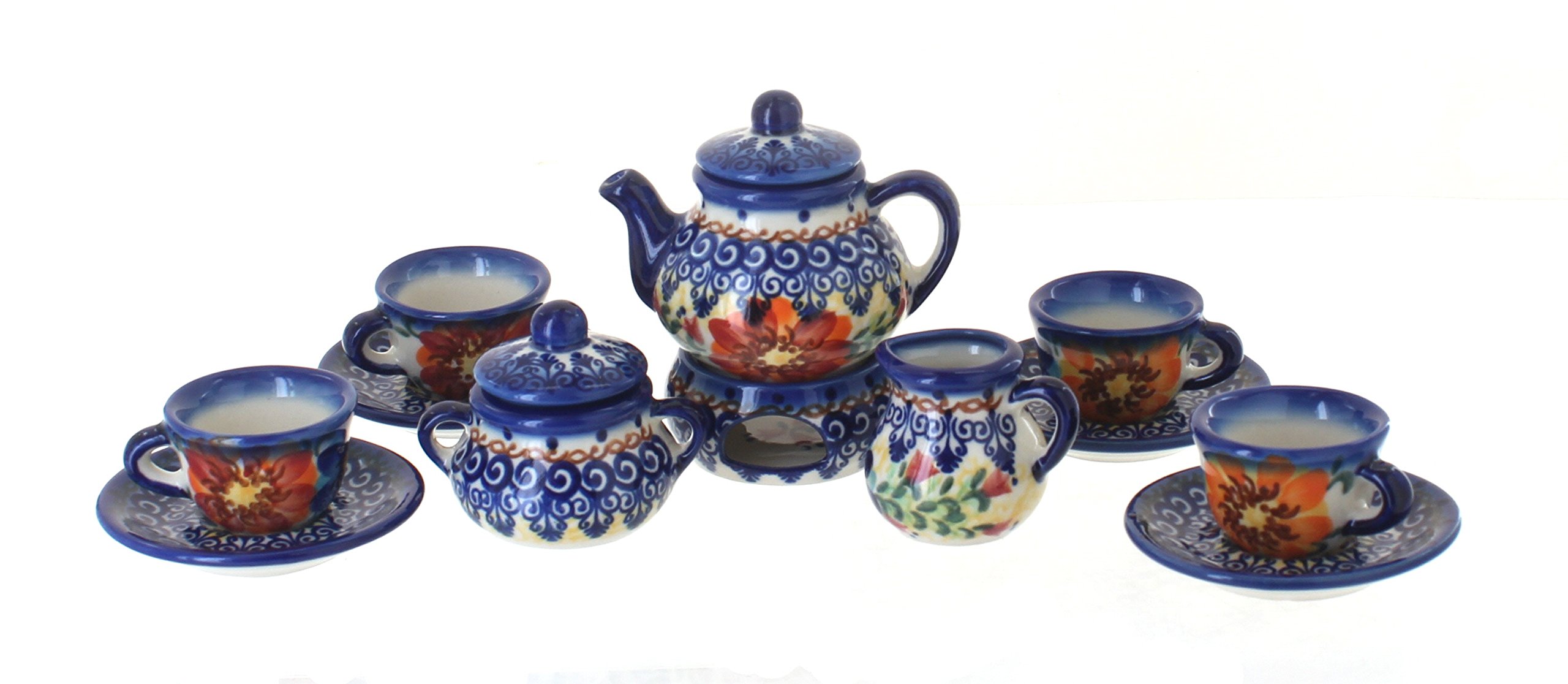 Blue Rose Polish Pottery Autumn Burst Miniature Tea Set - Handcrafted Ceramic Tea Cups & Saucers for Afternoon Tea, Collectible Gift for Tea Lovers