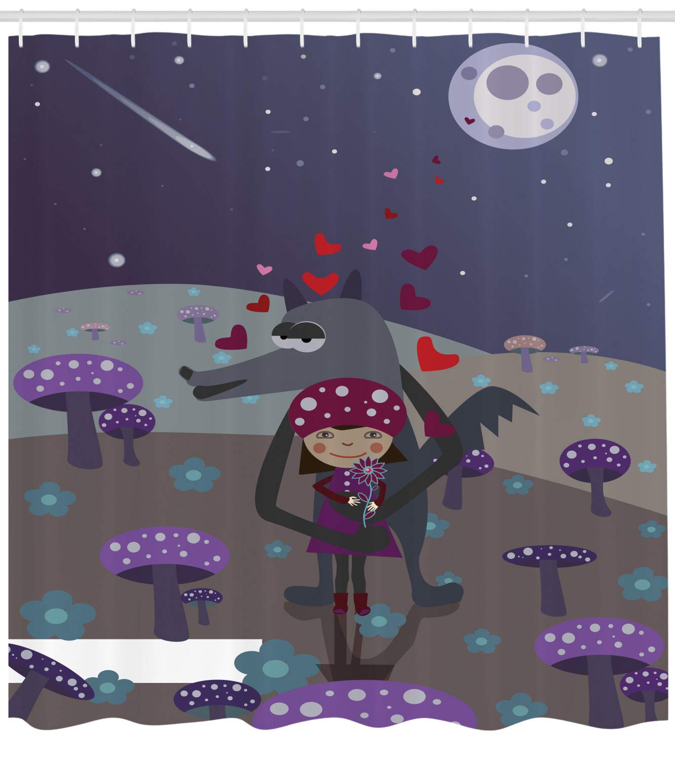 Ambesonne Fantasy Shower Curtain - Red Riding Hood Themed Wolf & Girl Night Illustration, 105
