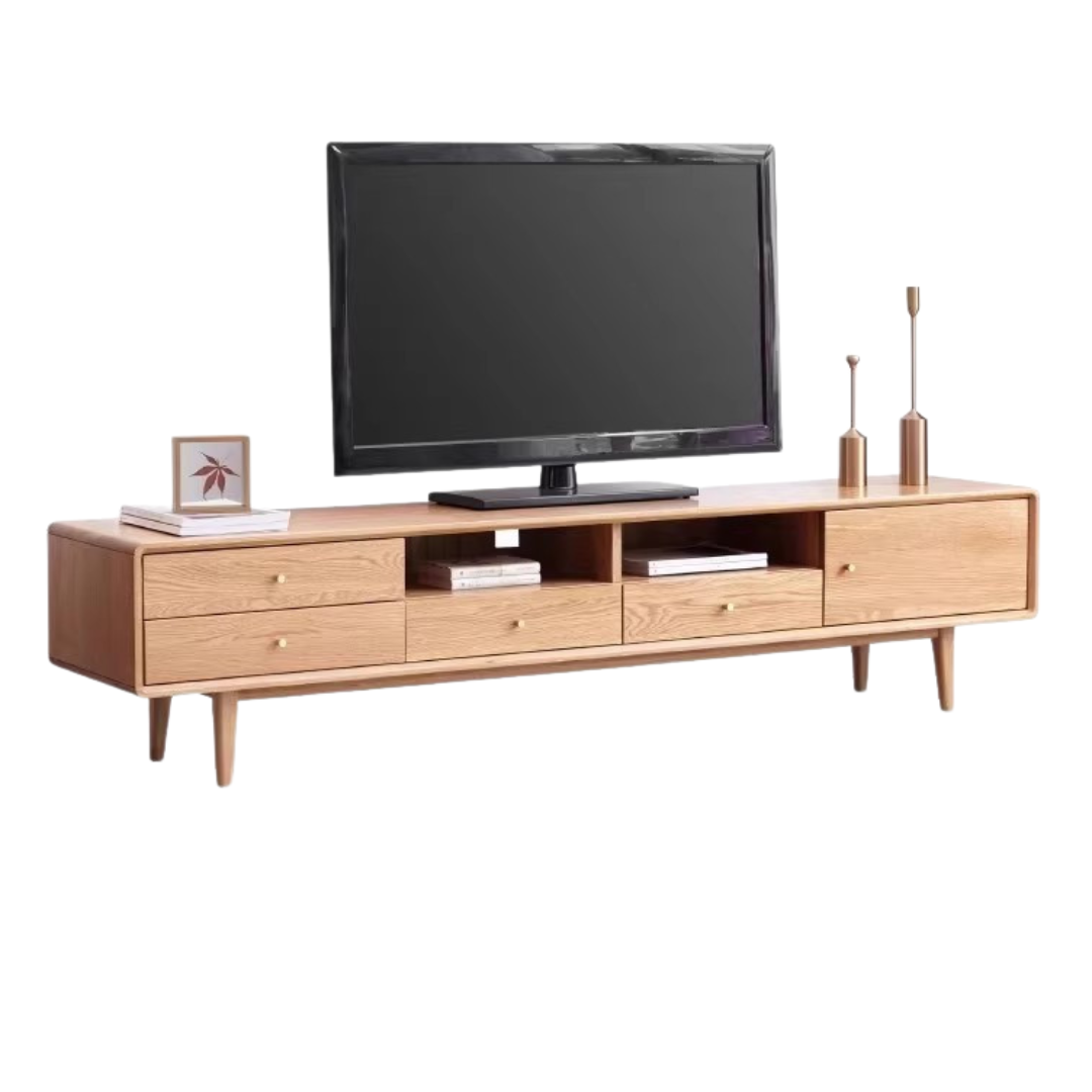 Solid Oak Wood TV Stand - Modern Entertainment Center with Storage Shelves for Living Room, Bedroom & Home Theater