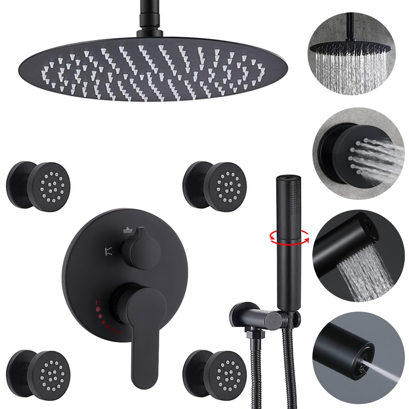 Backnets Rainfall Shower System - Matte Black 12 Inch Ceiling Mount Round Shower Faucet Set with Multi Shower Head Combo | Luxury Bathroom Upgrade for Spa-Like Experience