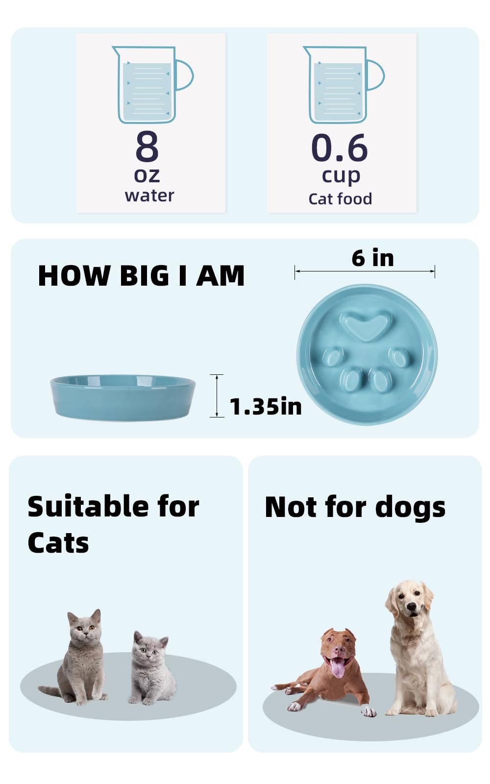 Ceramic Slow Feeder Cat Bowl - Turquoise Fun Slow Eater Dish for Cats - Perfect for Portion Control & Preventing Bloat During Mealtime