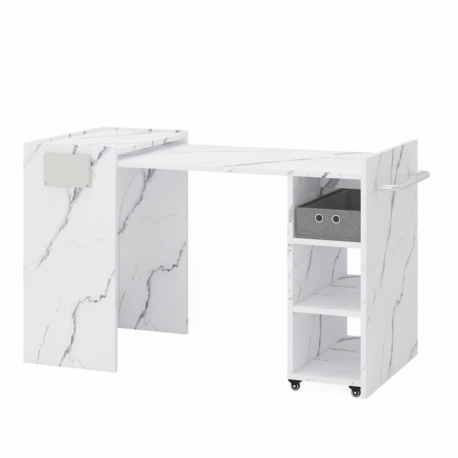 Foldable Manicure Table with Storage Drawer & Adjustable Shelf - Portable Nail Tech Desk for Home Salon, Spa & Professional Use - White Marble Finish Beauty Station for Nail Artists & DIY Enthusiasts - Perfect for Small Spaces & Mobile Services