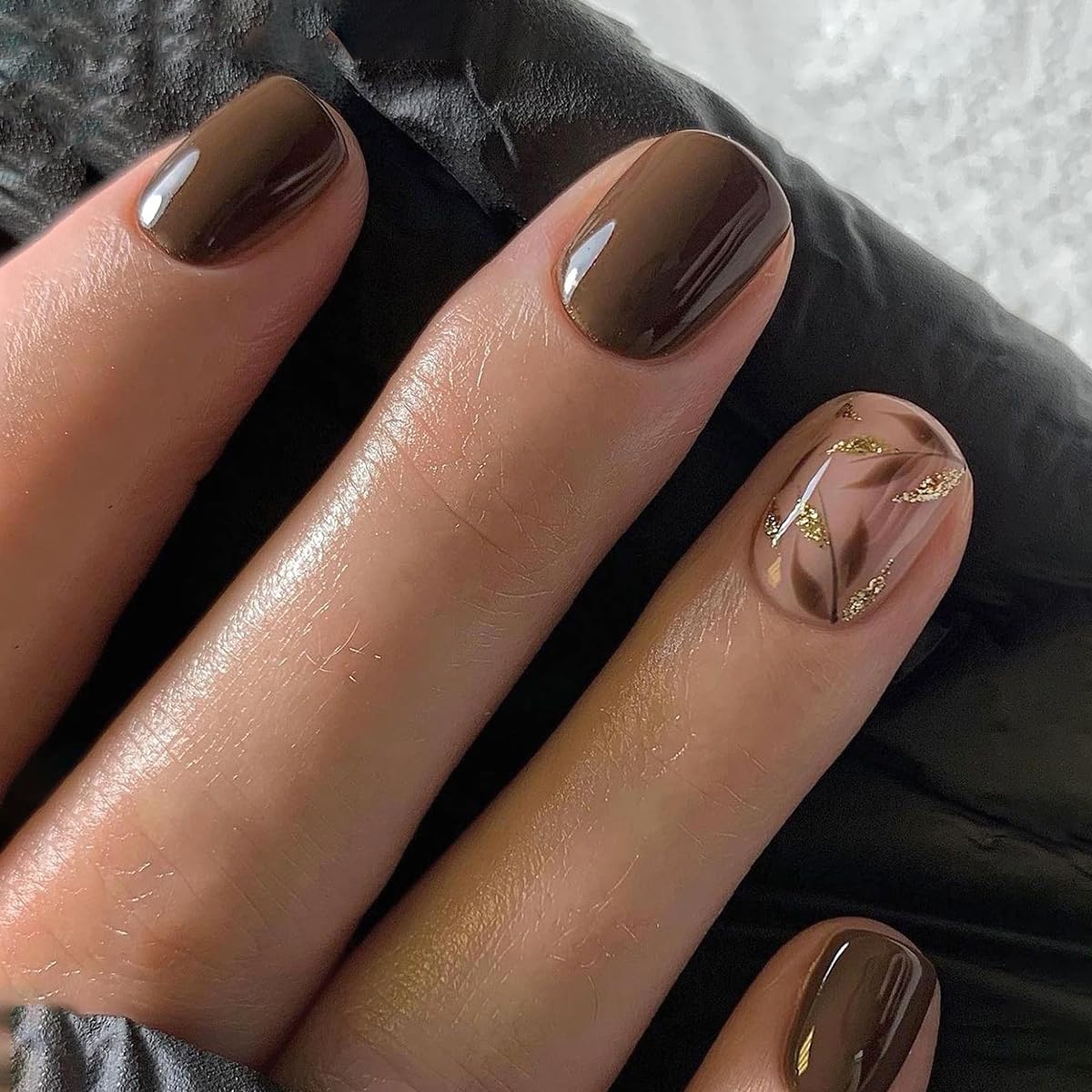 Dark Brown Press on Nails Short Square Fake Nails with Golden Leaf Accents & Glitter Designs - Glossy Gel Finish Acrylic Short Fake Nails Kit for Women (24Pcs) - Perfect for Parties, Weddings, Date Nights & Everyday Wear