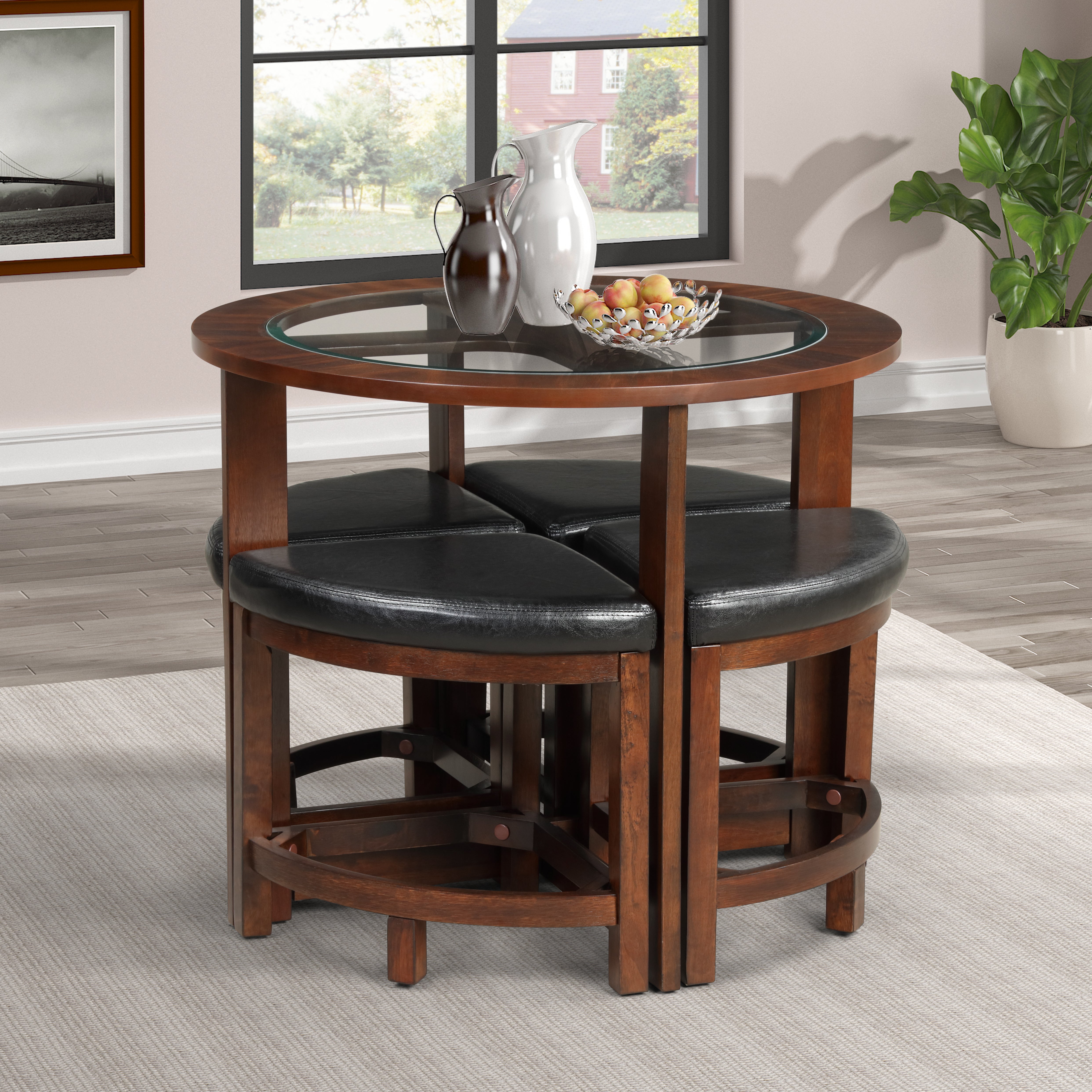 Roundhill Furniture Cylina Solid Wood Round Dining Table with Tempered Glass Top & 4 Chairs - Perfect for Kitchen, Dining Room, and Small Space Gatherings