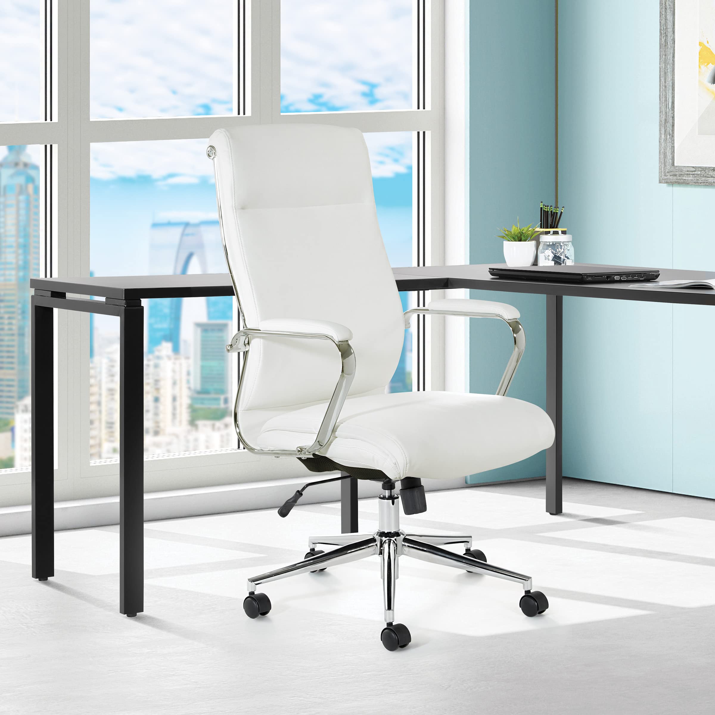 Office Star Antimicrobial High-Back Adjustable Office Chair with Chrome Base - Dillon Snow Fabric - Ergonomic Desk Chair for Home Office, Executive Workspace & Computer Workstation