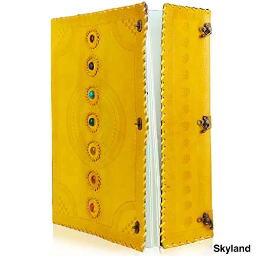 Skyland Seven Chakra Medieval Stone Embossed Handmade Jumbo Leather Journal - Book of Shadows, Notebook, Office Diary, College Poetry & Sketchbook - 14 x 22 Inches (Yellow) - Perfect for Wiccan Rituals, Journaling, Gift Giving & Creative Writing