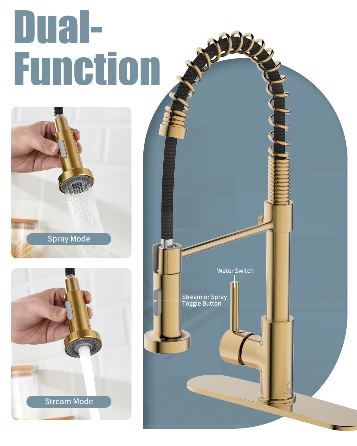 Brushed Gold Kitchen Faucet with Soap Dispenser & Deck Plate - Single Handle Stainless Steel Pull Down Sprayer for Farmhouse, RV & Camper Sinks | Perfect for Modern Kitchens & Small Space Living
