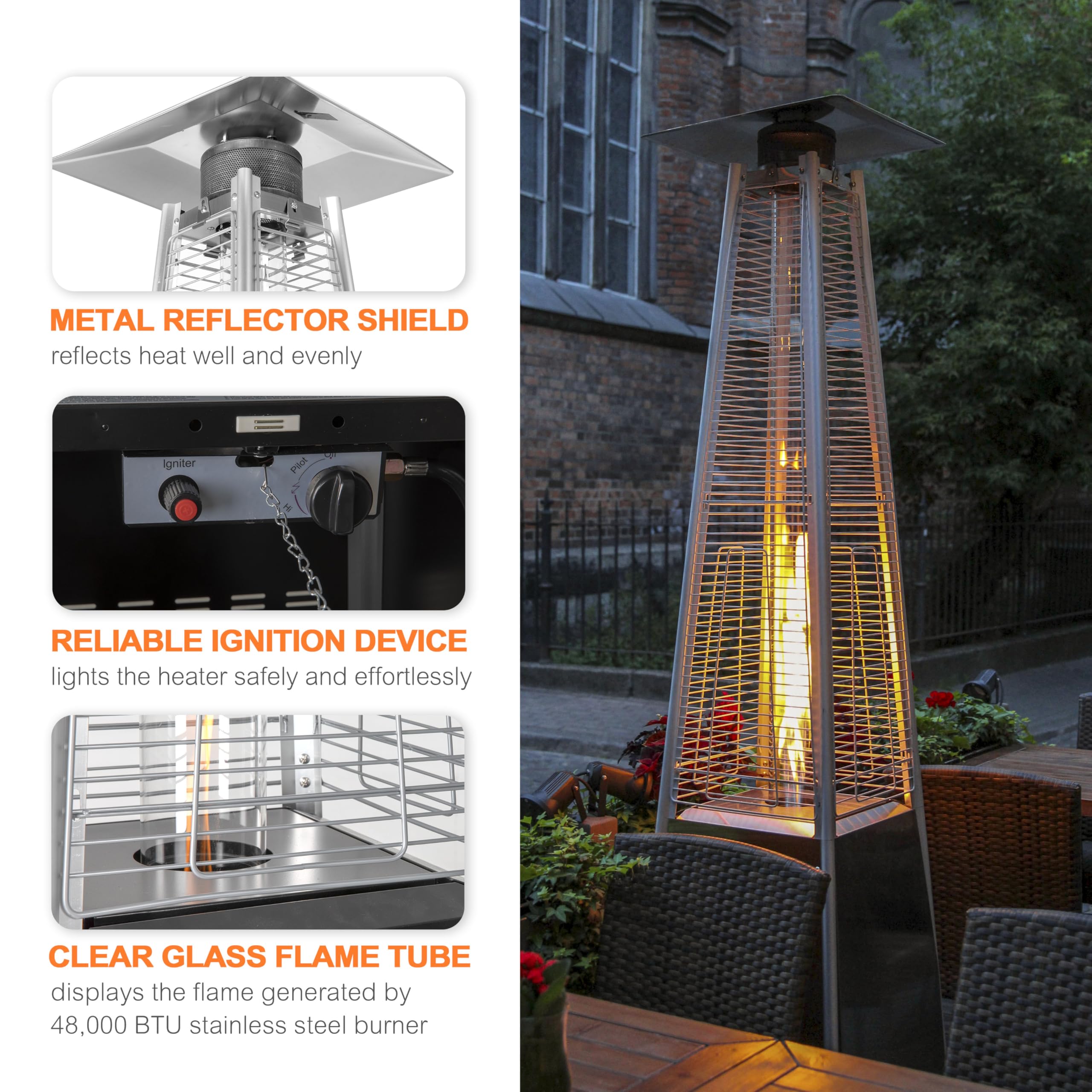 Nuu Garden 48,000 BTU Outdoor Propane Patio Heater with Wheels & Oxford Cover - Hammered Bronze Pyramid Tower Heater for Backyard, Deck, Terrace, Restaurant - Weather-Resistant Portable Heating Solution for Outdoor Gatherings