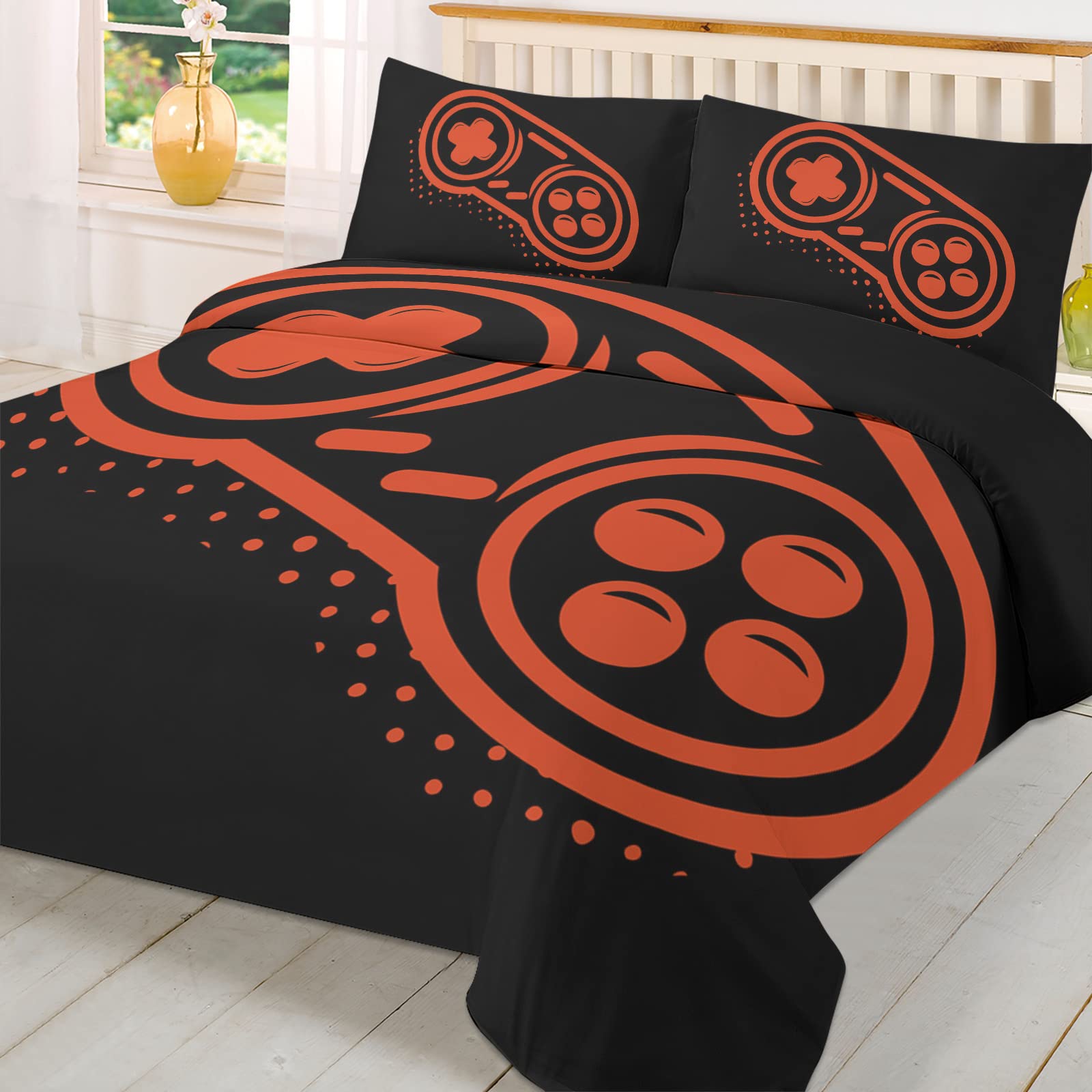 3-Piece Twin Duvet Cover Set with Zipper - Soft Microfiber Game Controller Print Bedding for Boys & Girls - Orange/Black Design - Perfect for Kids' Rooms, Gaming Themed Bedrooms & Photo Backdrops