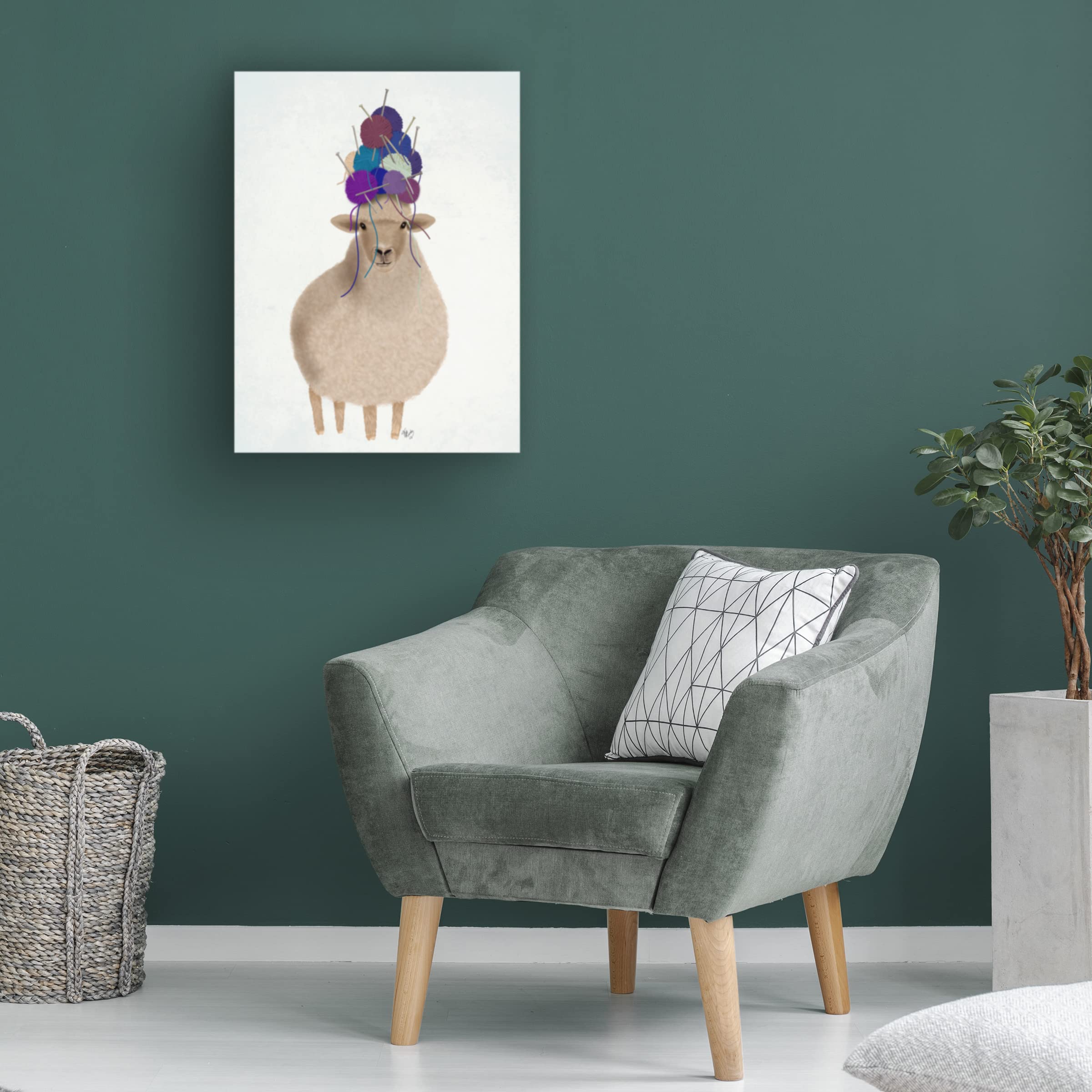 Fab Funky 'Sheep with Wool Hat Full' Canvas Wall Art Print - Modern Farmhouse Decor for Living Room, Bedroom & Office
