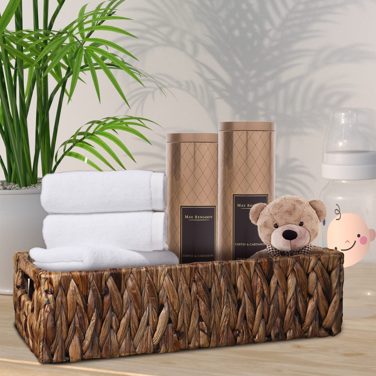 HOSROOME Natural Water Hyacinth Storage Basket - Wicker Organizer for Shelves, Toilet Paper, Closet & Office Desk - Decorative Brown Basket for Bathroom, Bedroom & Entryway - Perfect for Home Organization & Space Saving