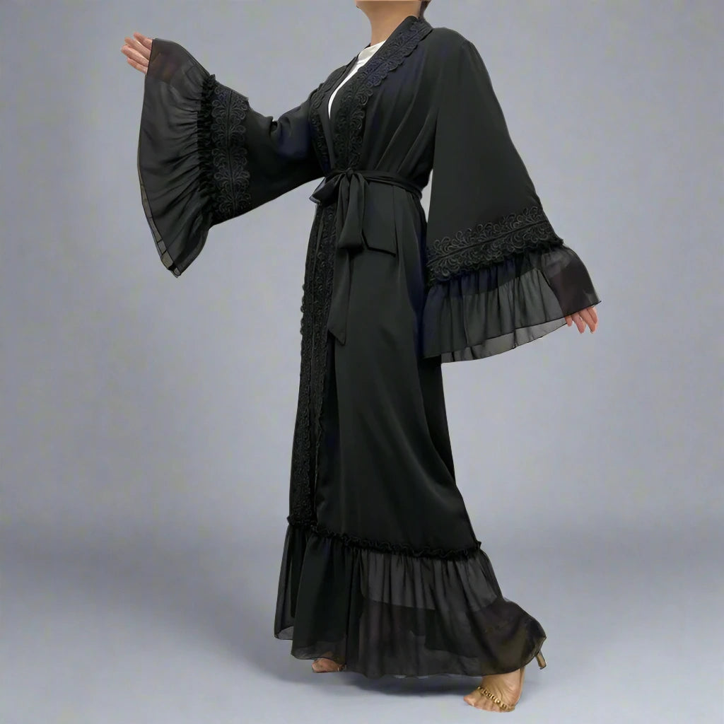 Elegant Floral Embroidery Open Abaya Dress for Muslim Women - Modest Islamic Prayer Dress for Mosque, Eid & Special Occasions