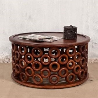 Hand Carved Indian Mango Wood Round Coffee Table - 30x30x18 Inches Natural Brown - Rustic Boho Living Room Furniture for Home Decor & Lounge Areas