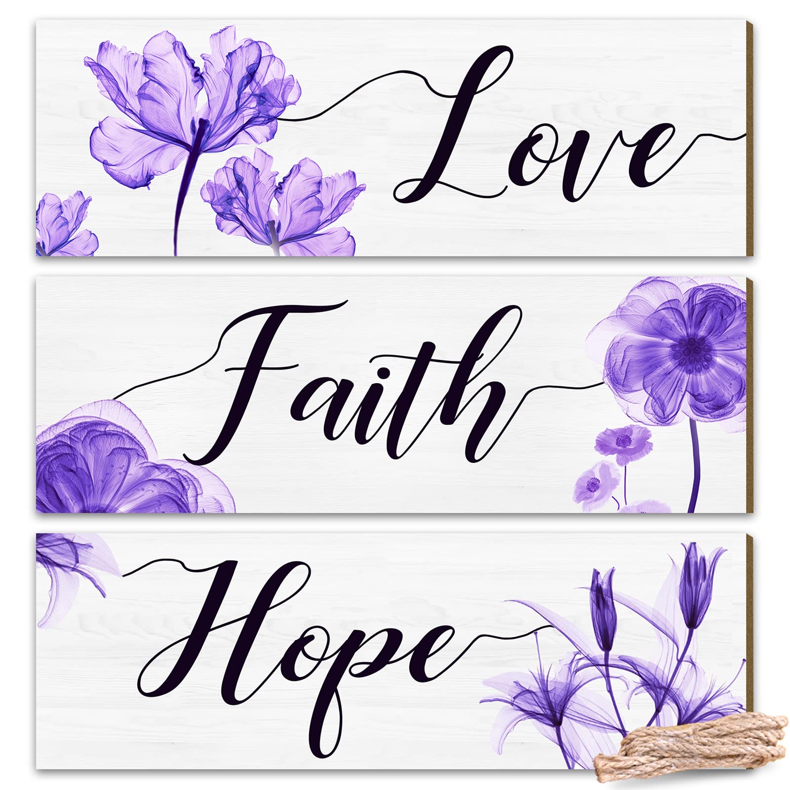 3-Piece Purple Floral Wall Decor for Girls - Inspirational Wooden Signs with Faith, Love, Hope Quotes - Bedroom, Bathroom, Living Room & Office Wall Art for Teen Girls & Women - Perfect for Home Decor, Gifts & Room Makeovers