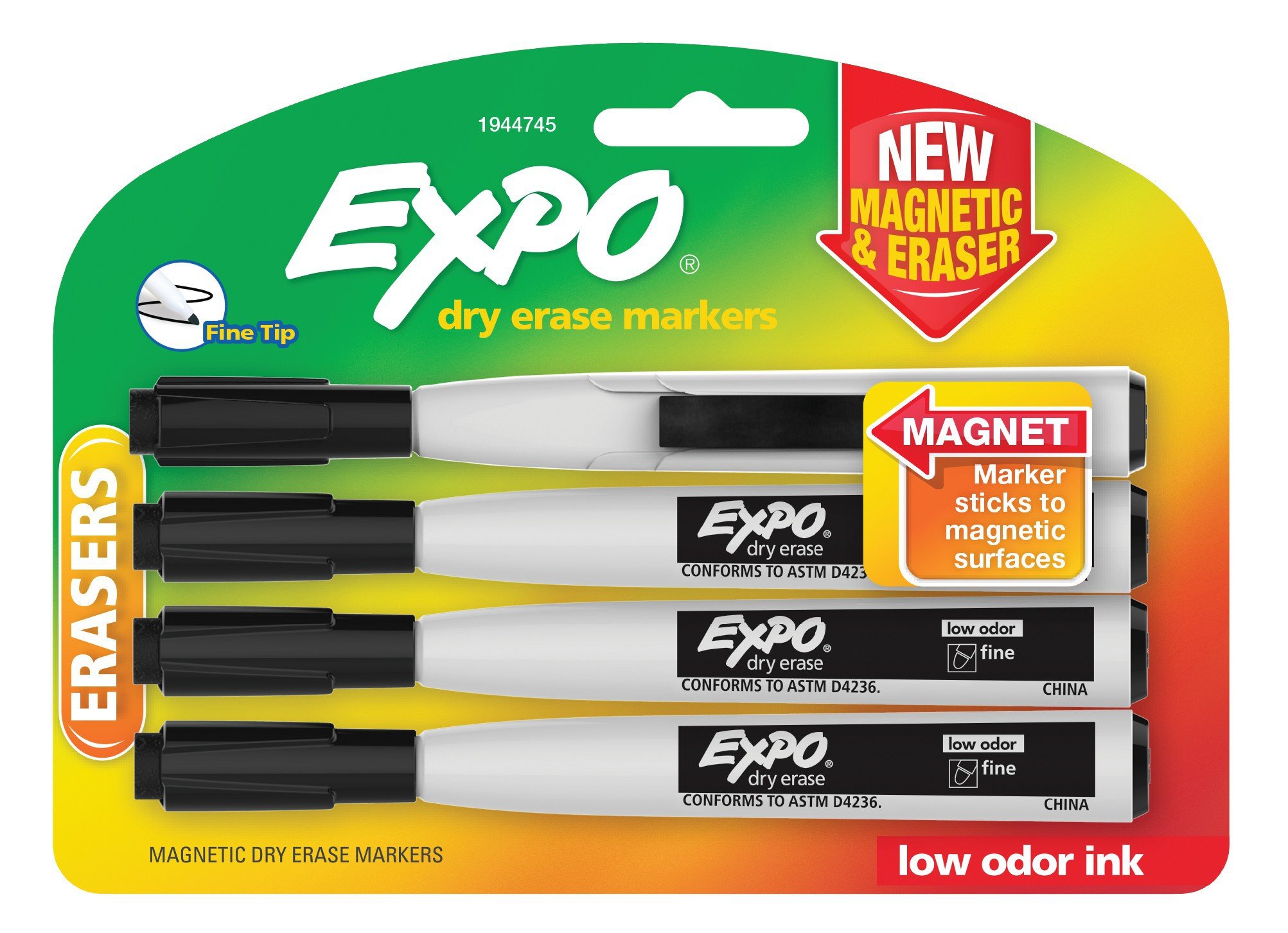 EXPO 1944745 Fine Tip Magnetic Dry Erase Markers with Eraser - 4 Pack Black Markers for Whiteboards, Glass Boards & Office Use - Ideal for Teachers, Classrooms & Home Offices