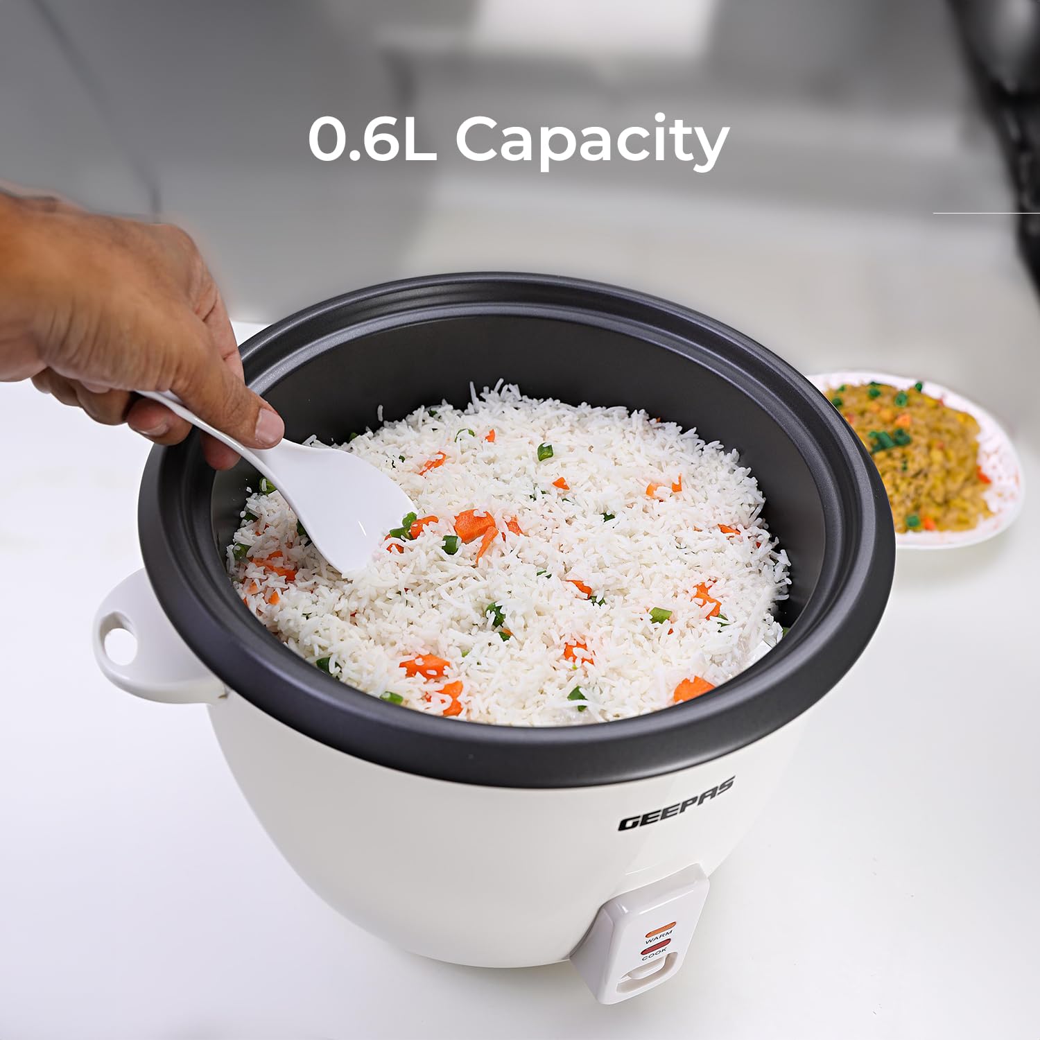 Geepas 350W Electric Rice Cooker & Steamer with Keep Warm Function, 0.6L Capacity - Non-Stick Inner Pot, Automatic Cooking, Includes Measuring Cup & Spatula - Perfect for Small Kitchens, Dorms, Offices & Healthy Meal Prep