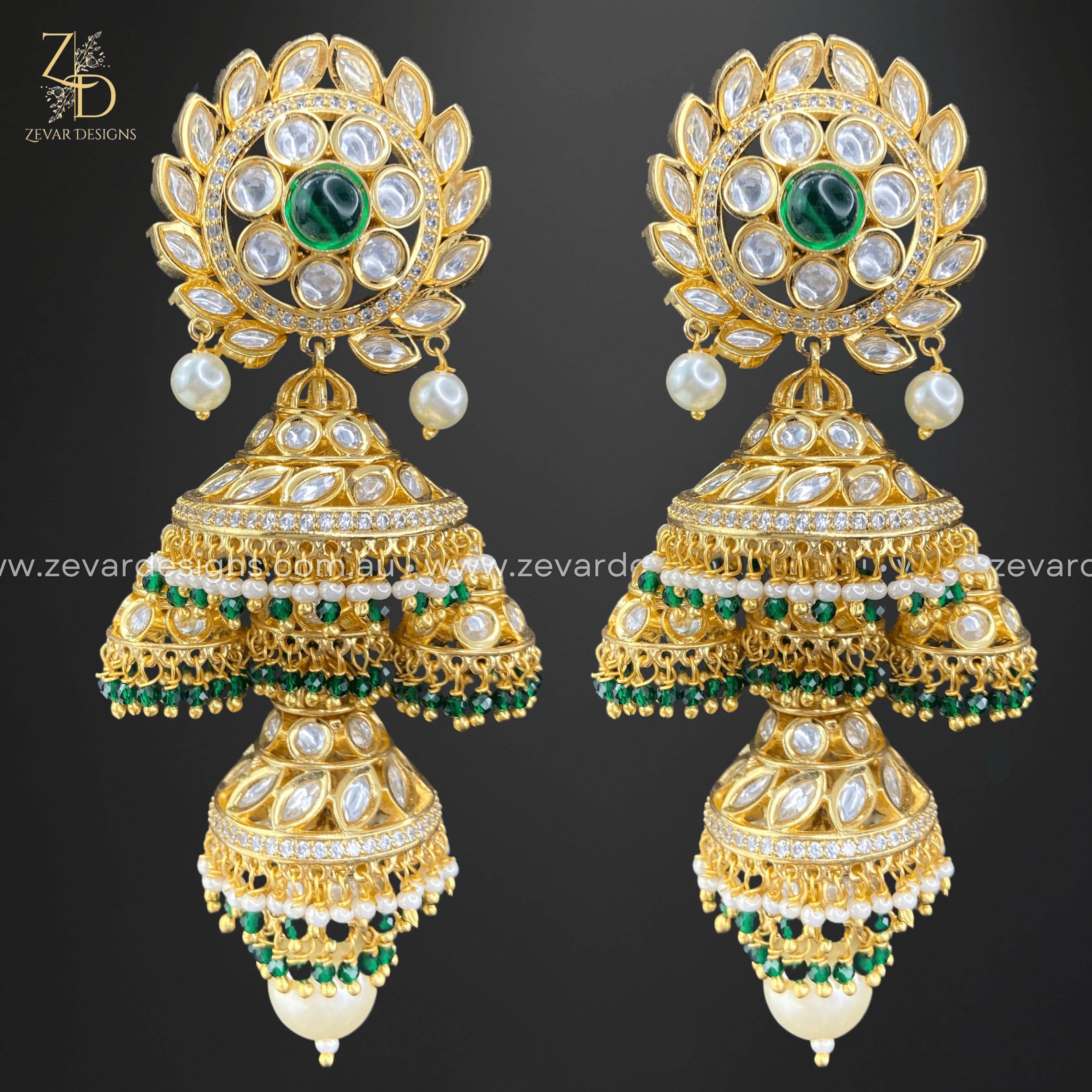 Exquisite Designer Kundan Jhumki Earrings - Green Stone Traditional Indian Jewelry for Weddings, Parties & Festive Occasions