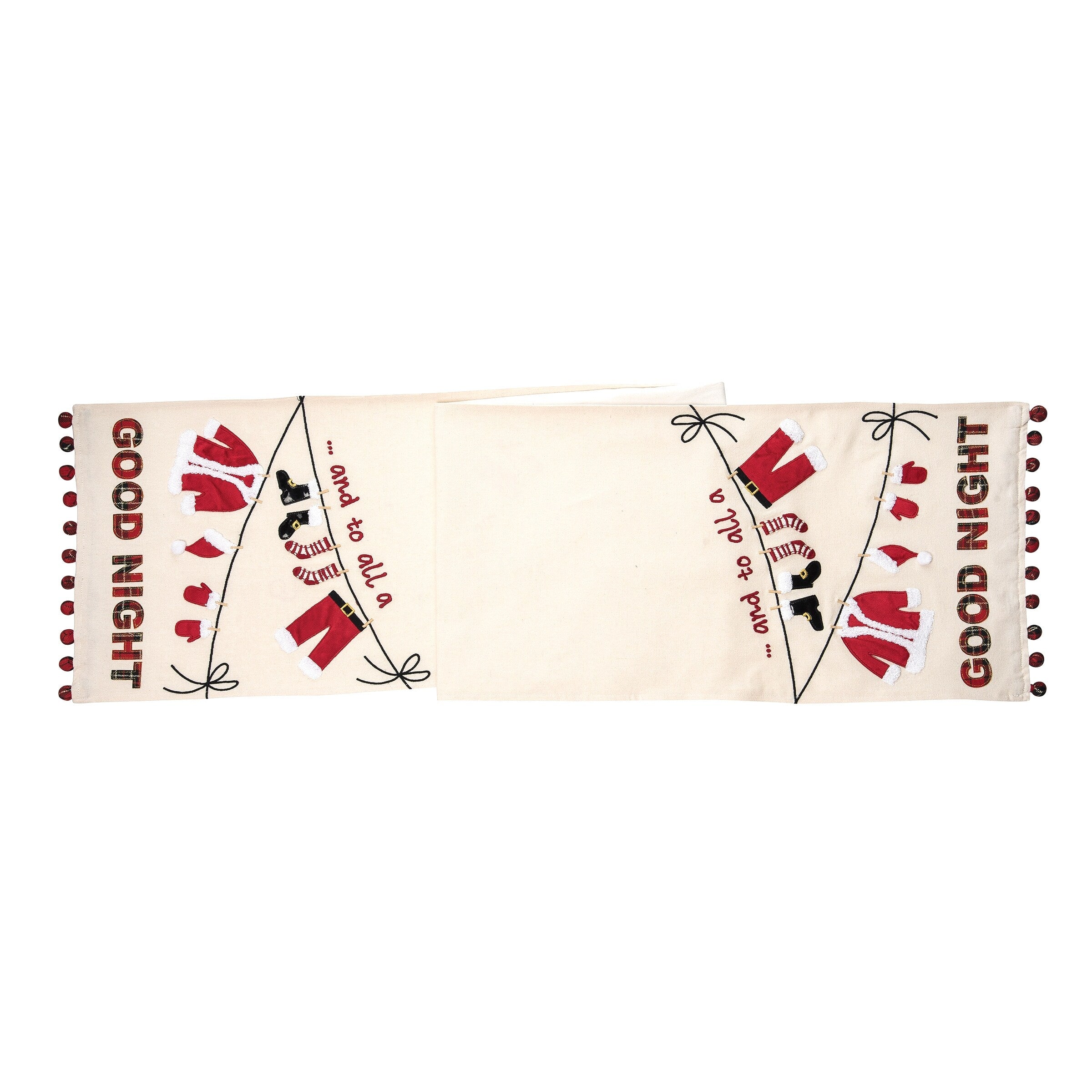 Christmas Table Runner - Santa Clothes on Clothesline Design with Red Pom Poms, 12x72 Inch Cotton Embroidered Holiday Decor for Dining Table, Buffet, and Festive Home Decoration