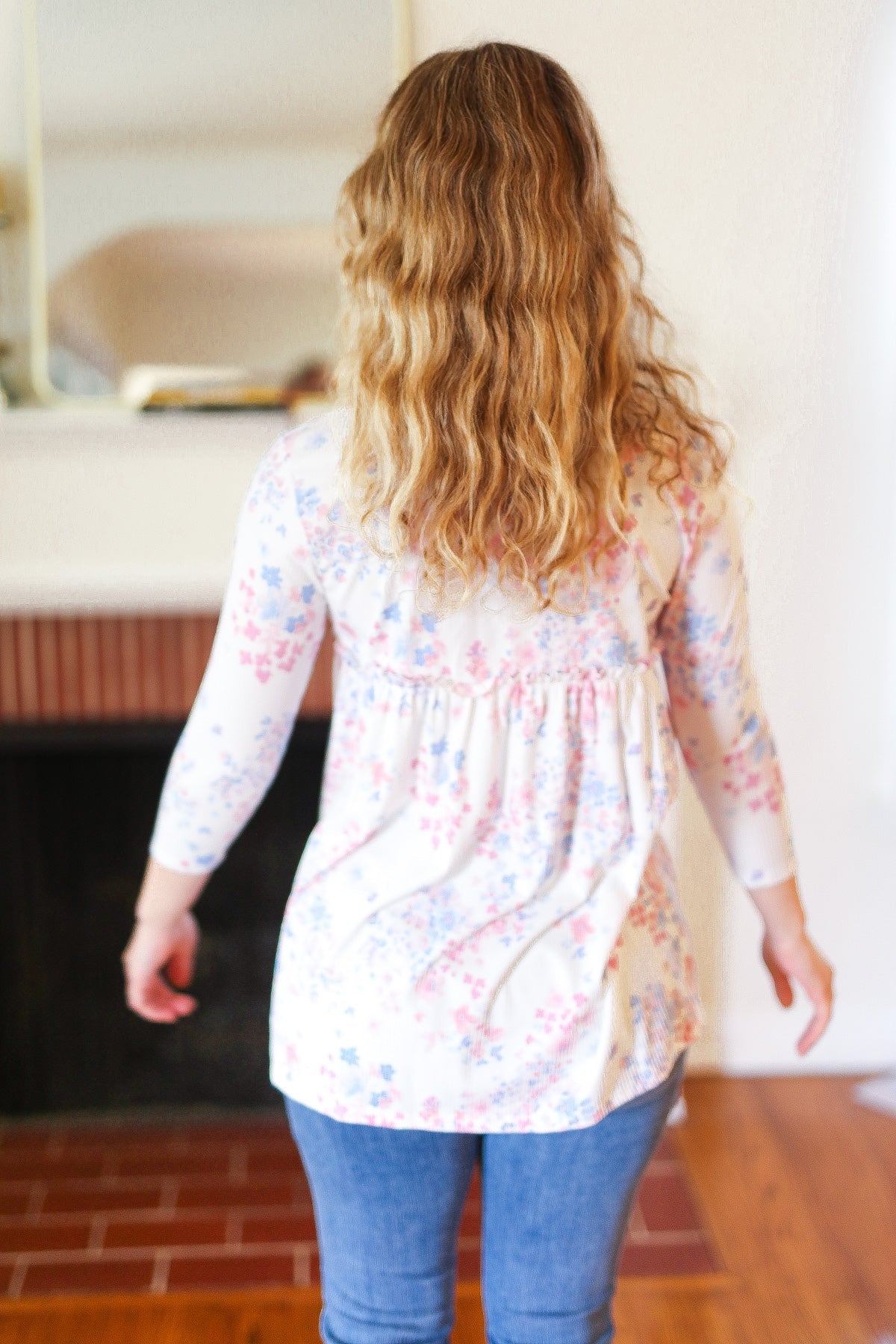 Stylish Blue & Pink Floral Ribbed Babydoll Ruffle Top for Women | Trendy Summer Blouse for Date Night & Beach Outfits