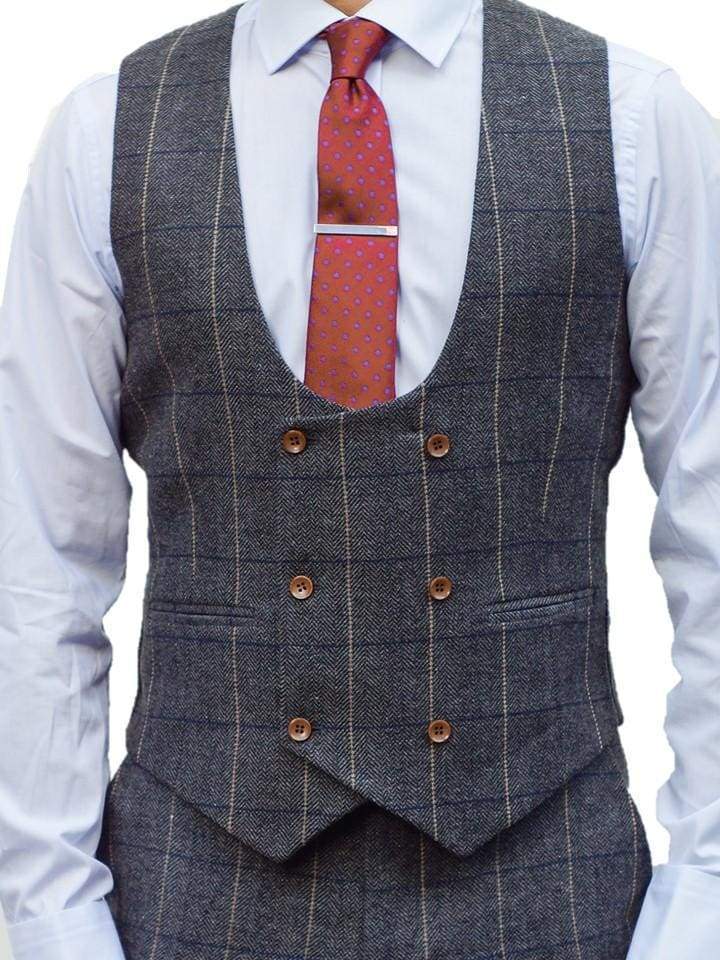 Ezra Men's Grey Herringbone Slim Fit 3 Piece Tweed Suit | Formal Business Attire for Weddings, Office & Special Occasions