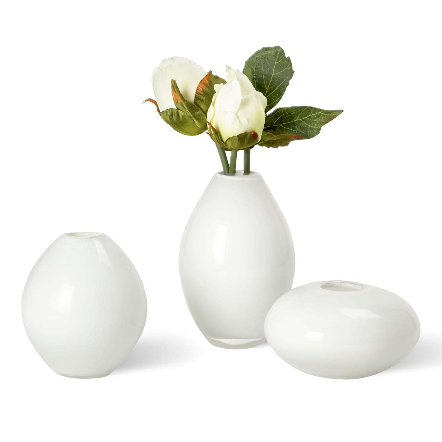 Torre & Tagus Set of 3 Hand Blown Glass Bud Vases - White Milk Glass Flower Vases for Wedding Centerpieces, Home Decor, Table Decorations & Floral Arrangements