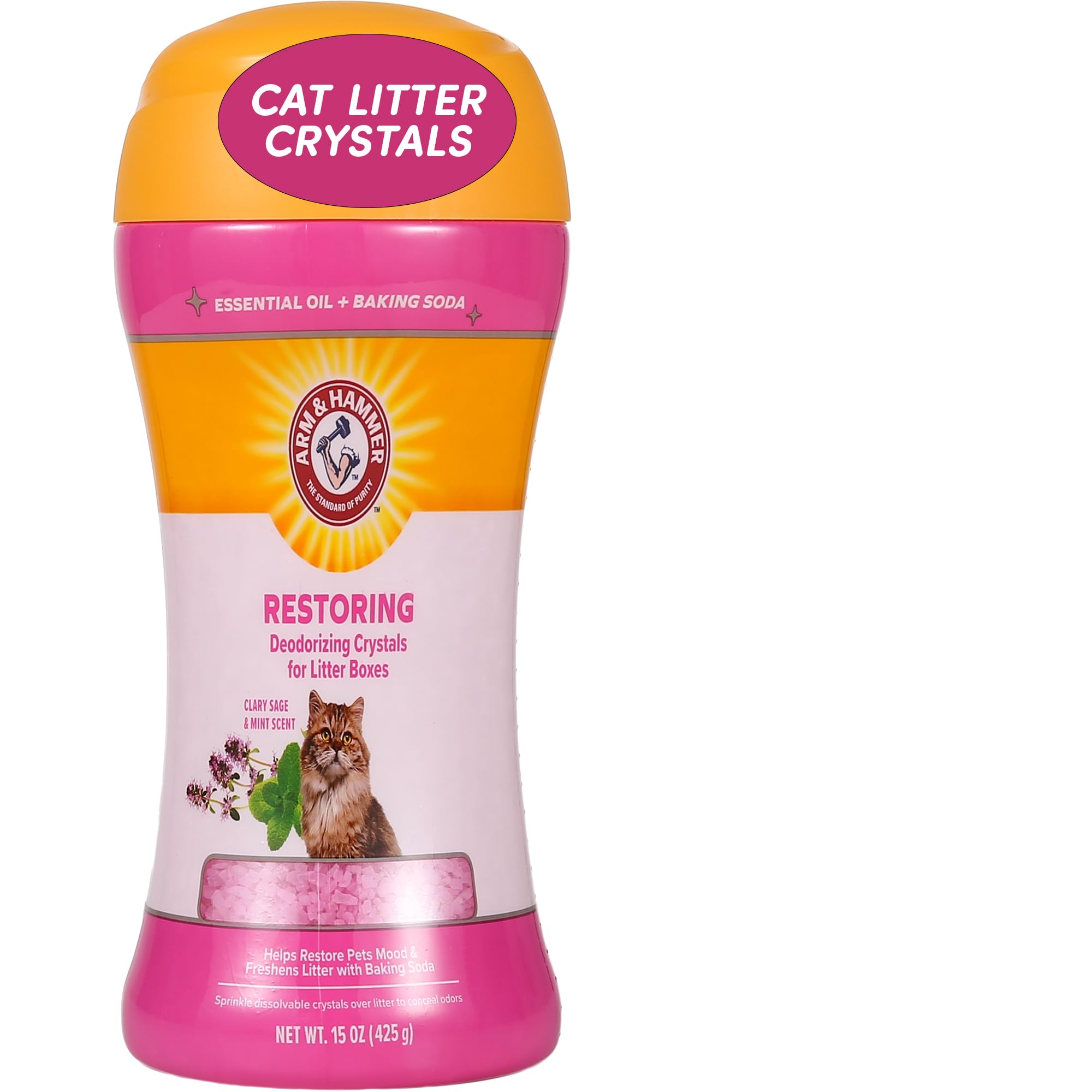 Arm & Hammer Cat Litter Deodorizer Crystals - Clary Sage & Mint Scented Odor Eliminator for Litter Boxes | 15oz | Long-Lasting Freshness for Multi-Cat Homes & Small Spaces