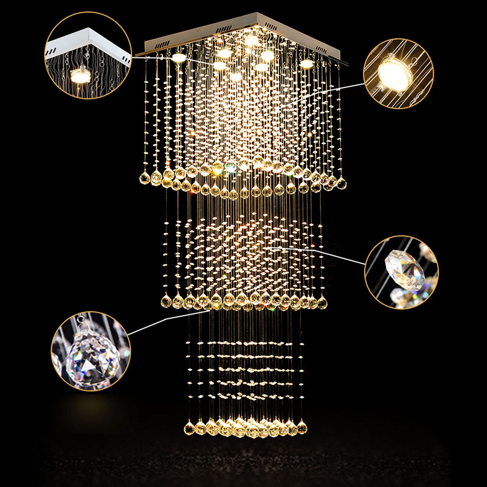 Modern K9 Crystal Raindrop Chandelier Lighting - 3-Layer Flush Mount LED Ceiling Light Fixture with 8 GU10 Bulbs Included (23.6
