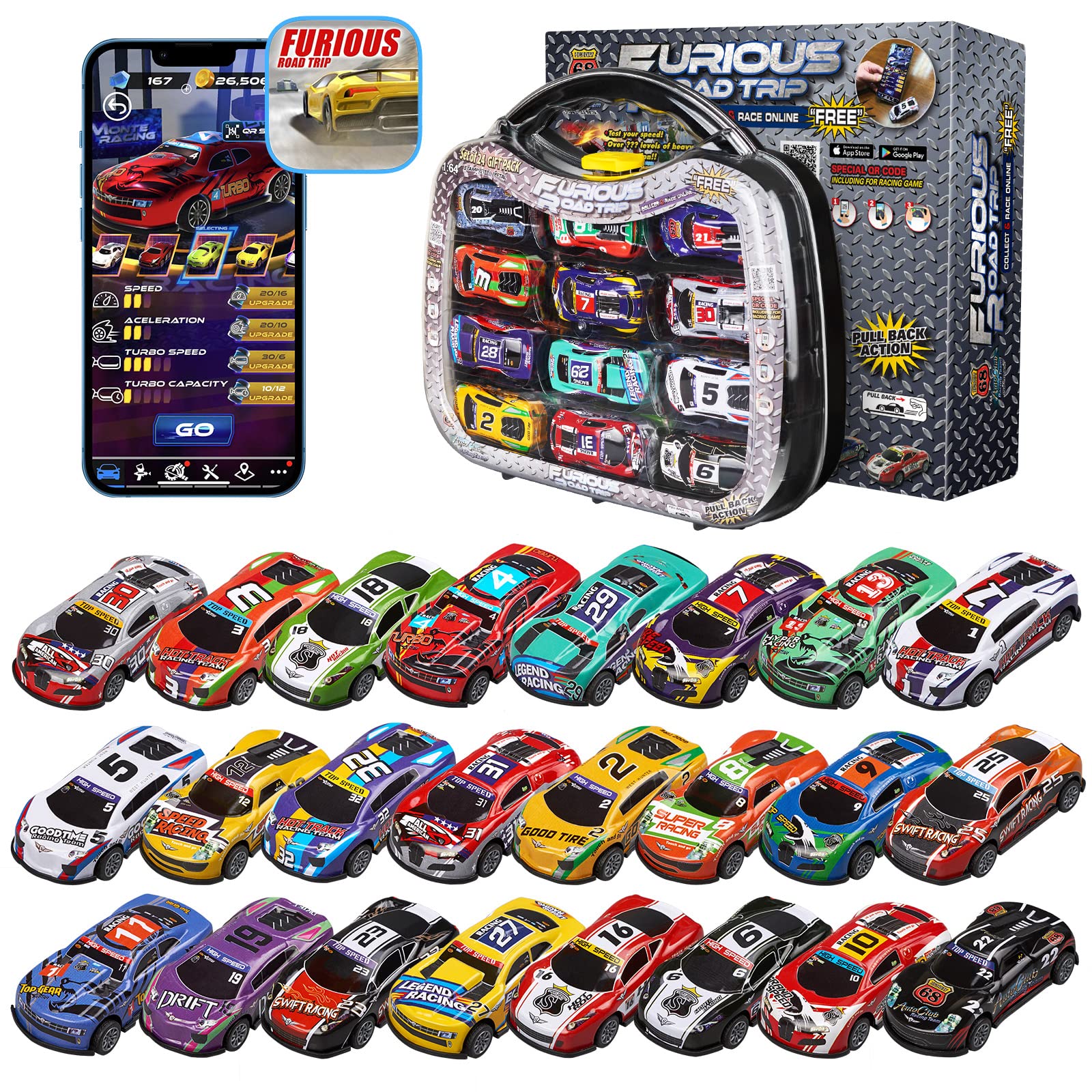 Golden Wheel 24-Piece Race Car Set - 1:64 Scale Die-Cast Metal Pull Back Toy Cars with Storage Case & Free Online Games - 2023 Hot Toy Gift for Kids Ages 3+ - Perfect for Birthday Parties, Playtime & Collecting