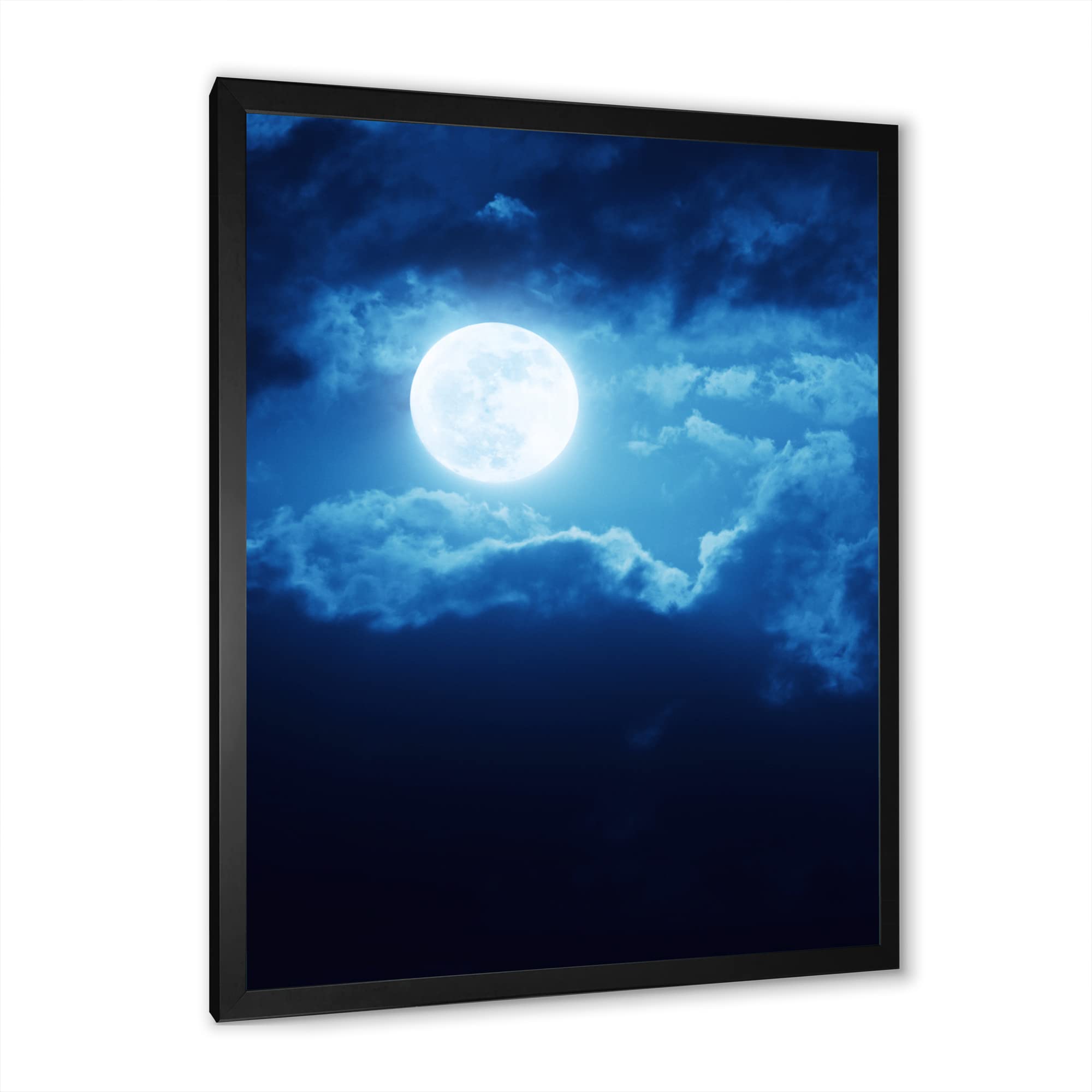DesignQ Full Moon in Cloudy Night Sky III - Coastal Framed Wall Art Decor for Living Room, Bedroom & Office - Nautical Themed Home Decoration