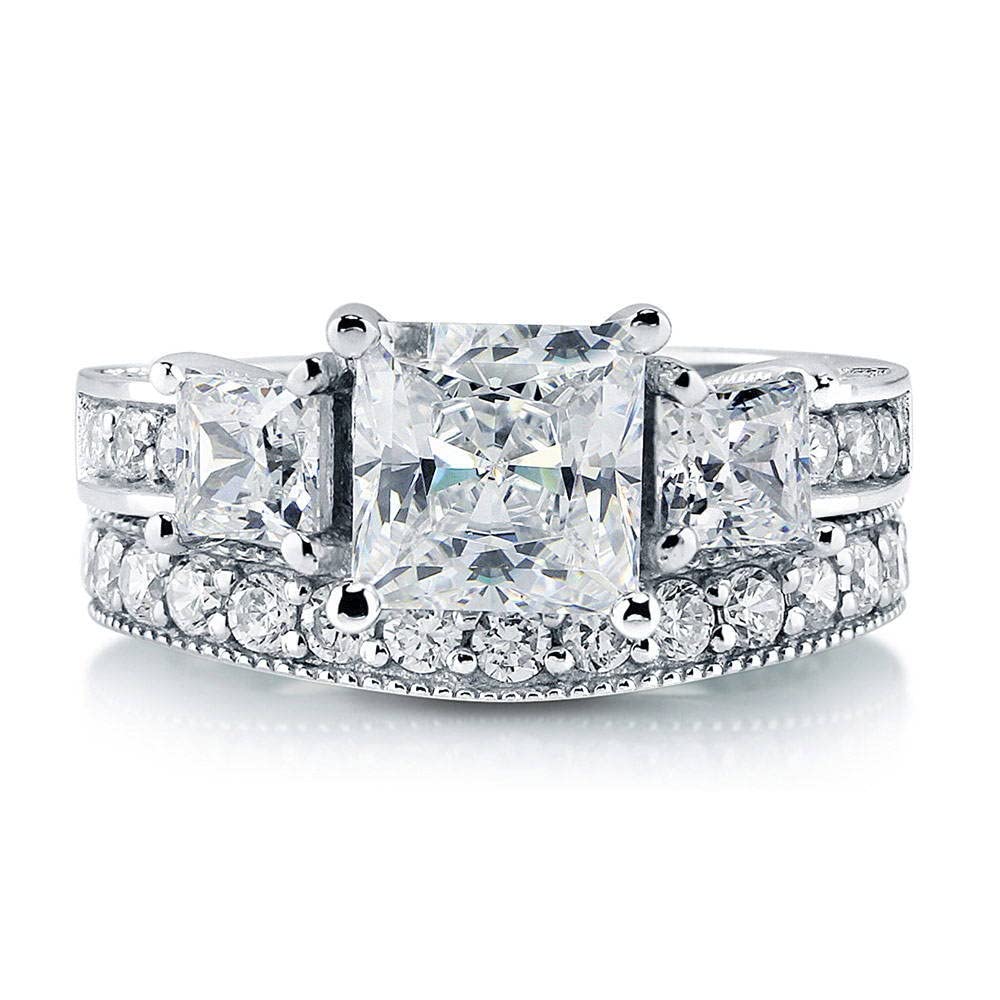 Sterling Silver 3-Stone Princess Cut Cubic Zirconia Engagement Ring Set for Women - 2 Carat CZ Wedding Band, Rhodium Plated, Size 4-10 - Perfect for Proposals, Anniversaries & Bridal Jewelry